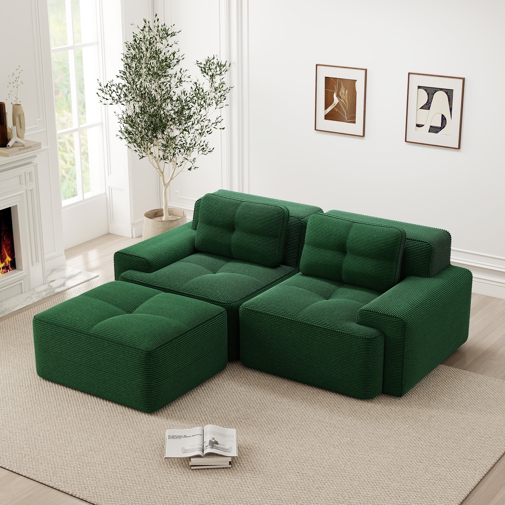 Boneless Modular Sofa L-Shaped Sleeper Ottoman Tufted - Corduroy Green - Image 3