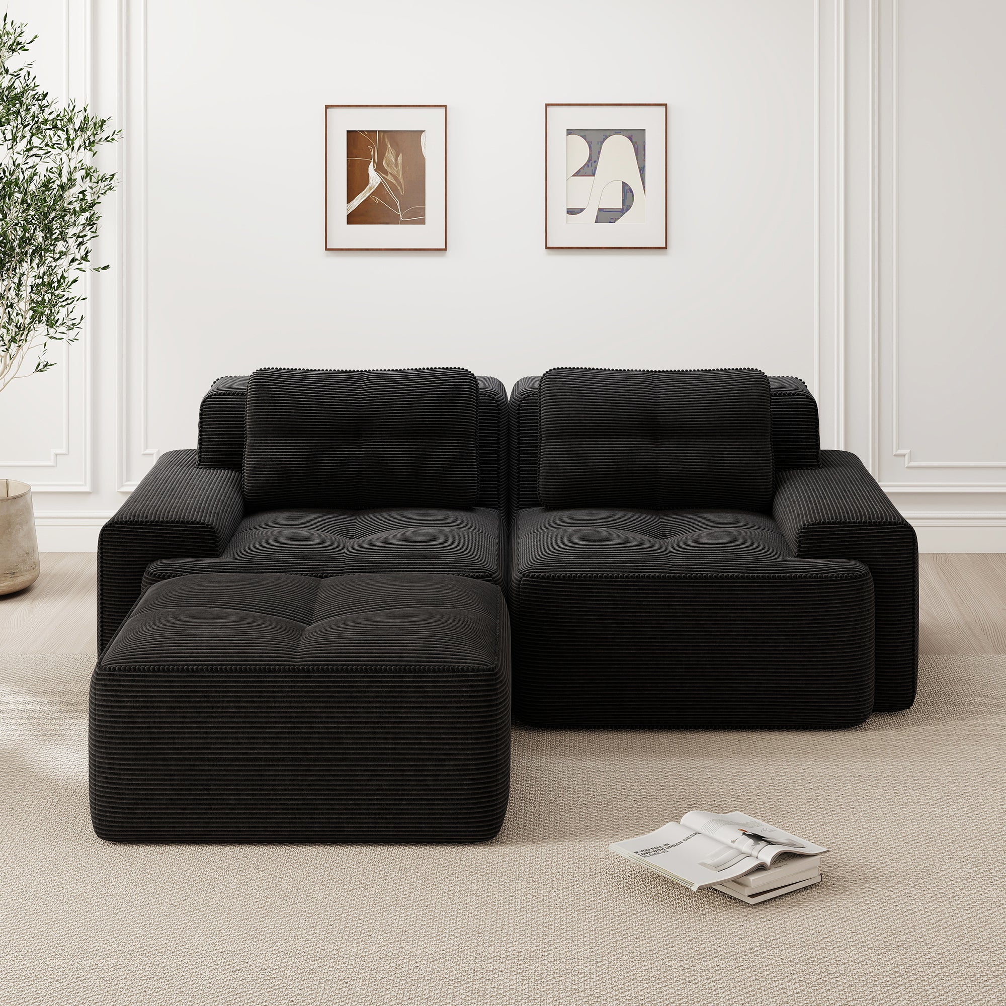 Boneless Modular Sofa L-Shaped Sleeper with Ottoman - Corduroy Black - Image 2