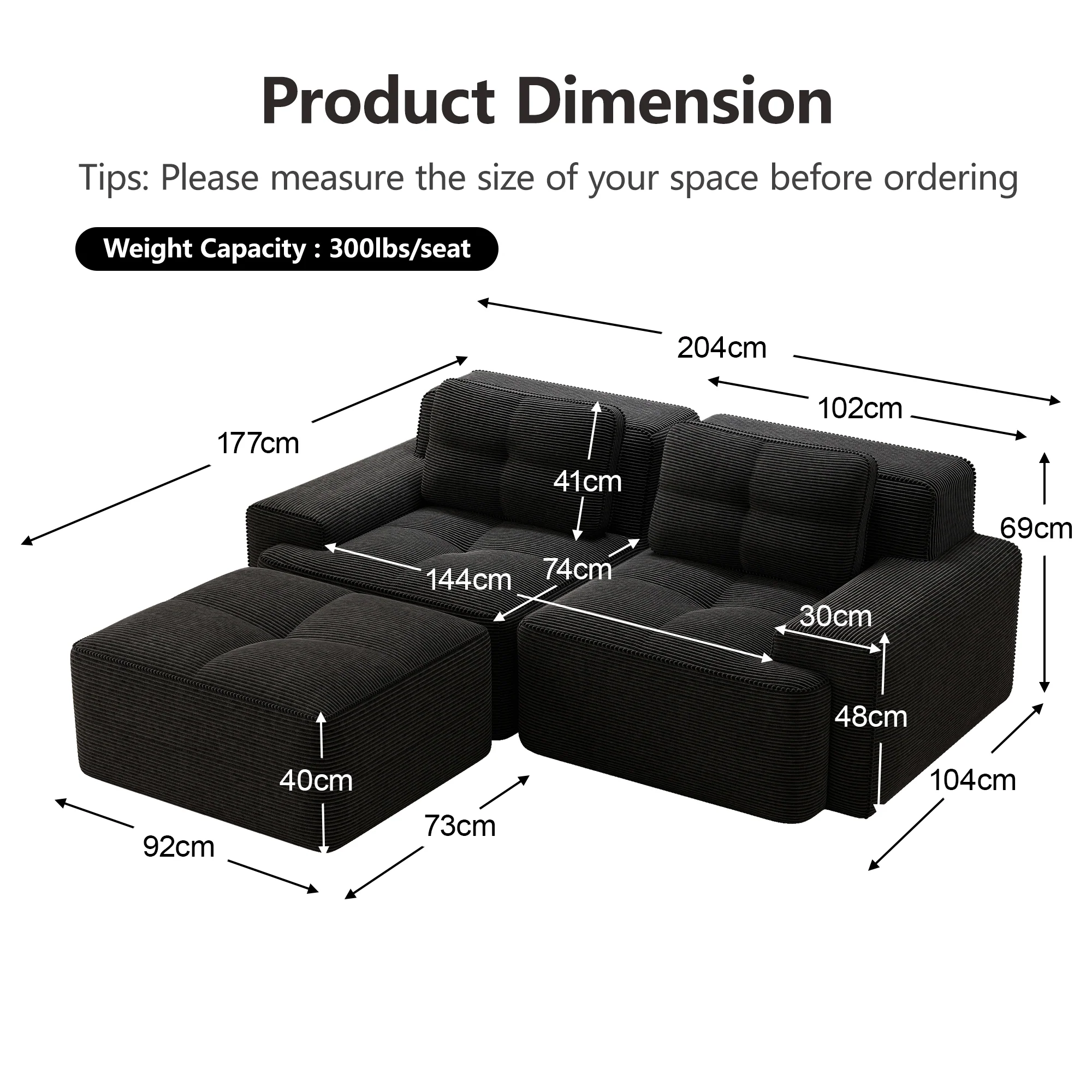 Boneless Modular Sofa L-Shaped Sleeper with Ottoman - Corduroy Black - Image 7