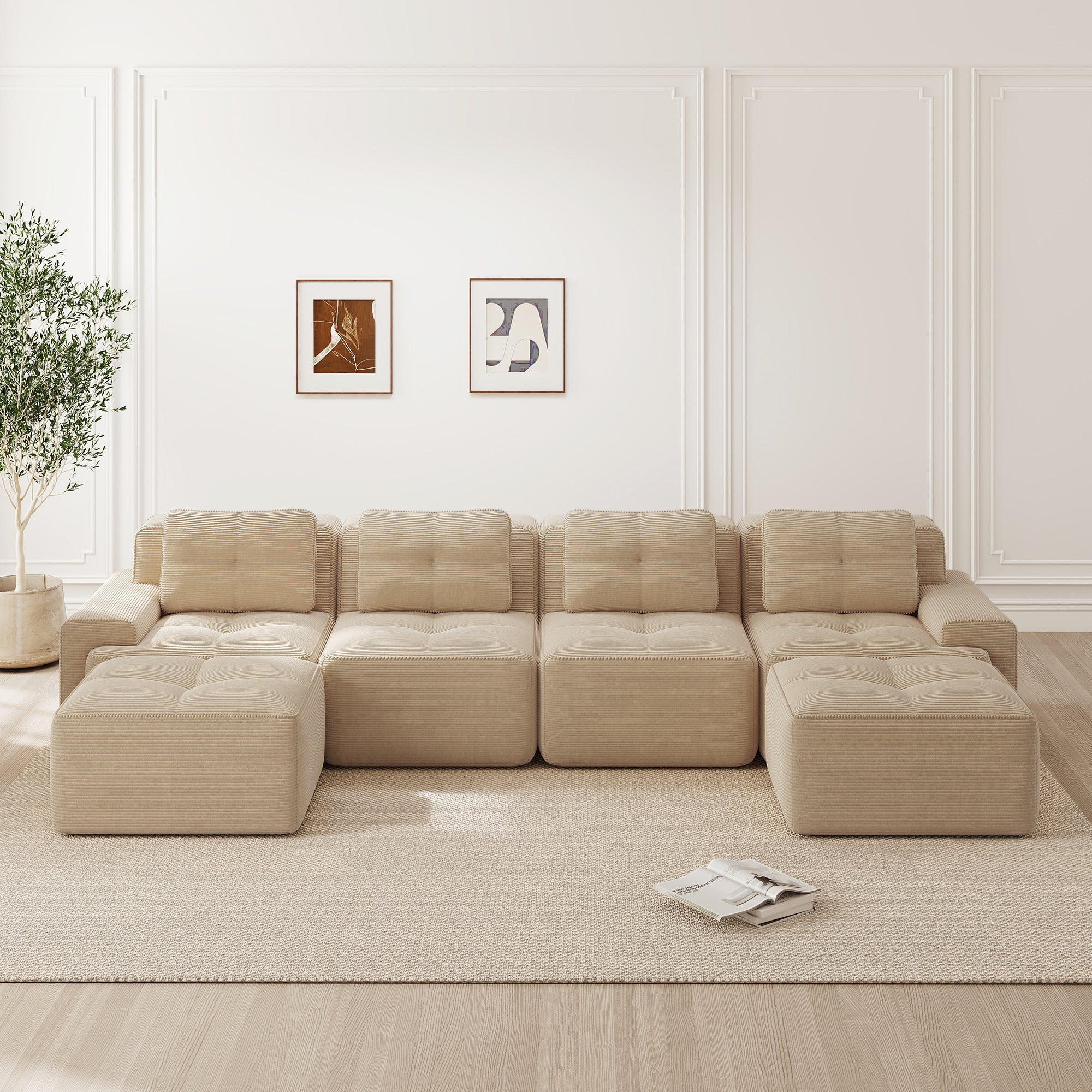 Boneless Modular Sofa U-Shaped Chaise 4-Seater Deep-Seat - Beige - Image 2