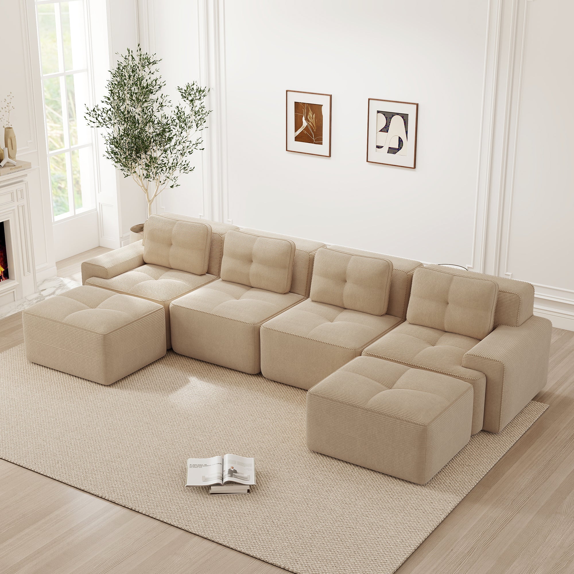 Boneless Modular Sofa U-Shaped Chaise 4-Seater Deep-Seat - Beige - Image 3