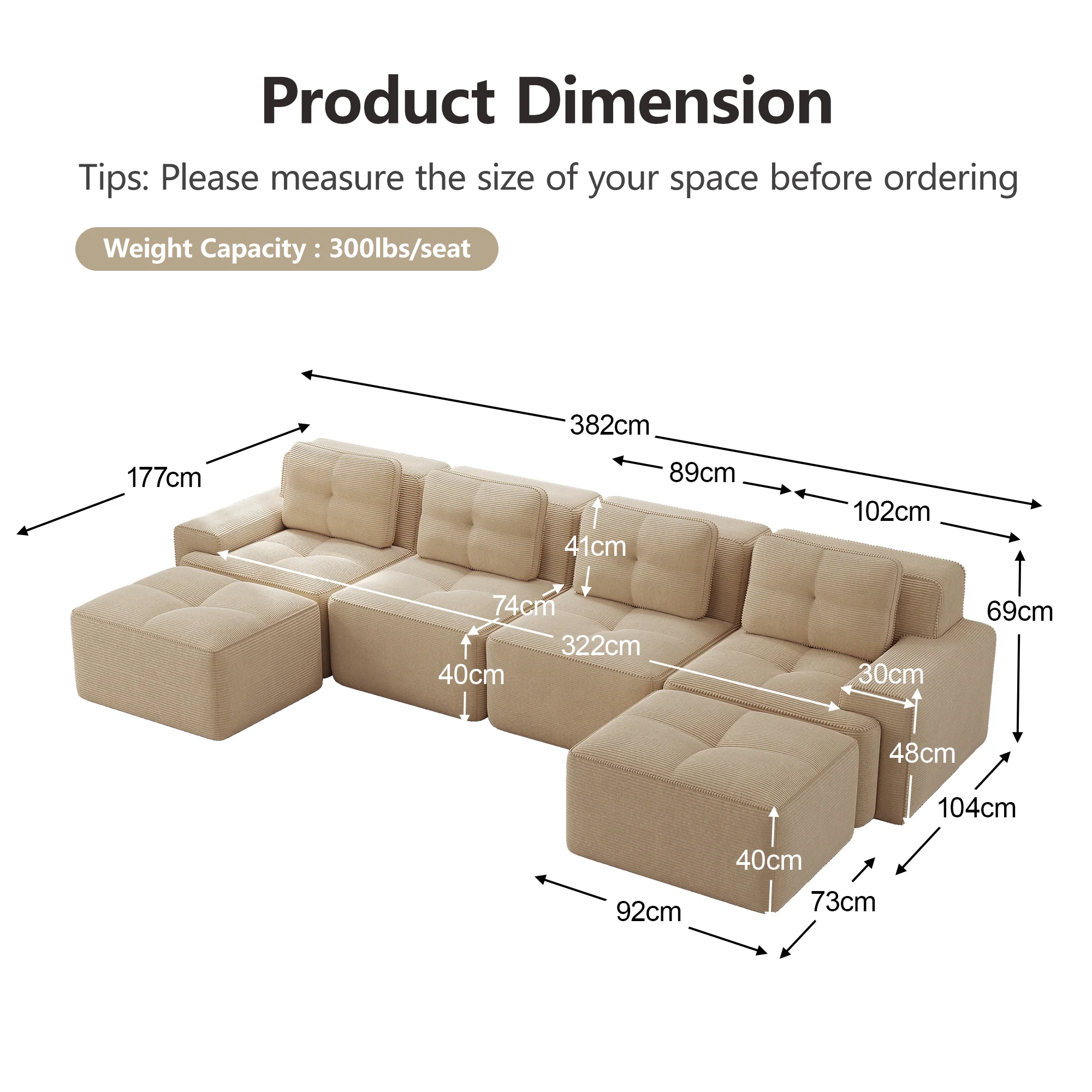 Boneless Modular Sofa U-Shaped Chaise 4-Seater Deep-Seat - Beige - Image 7