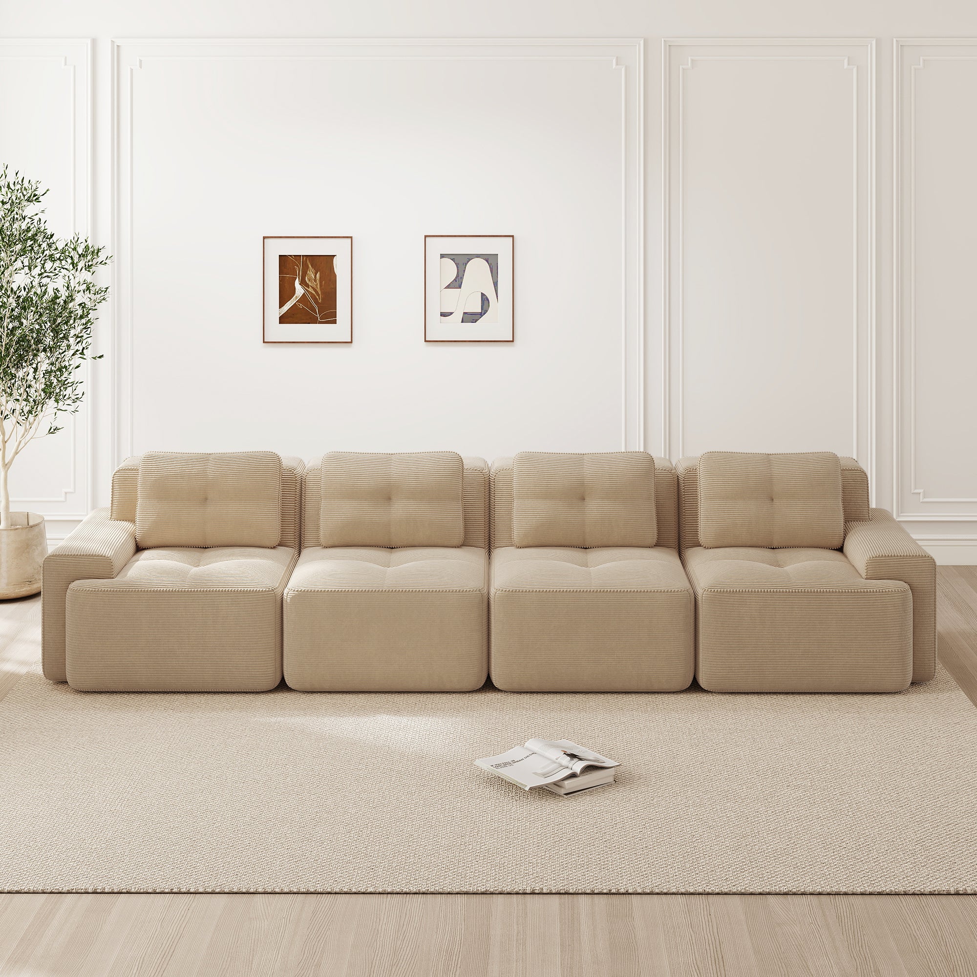 Boneless Sofa Modular 4-Seater Deep Seat Assembly-Free Corduroy Beige - Image 2