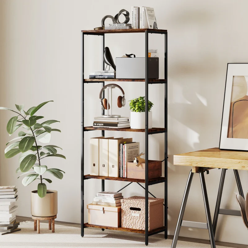 Bookshelf 5-Tier Metal Shelf Melamine Brown - Image 2