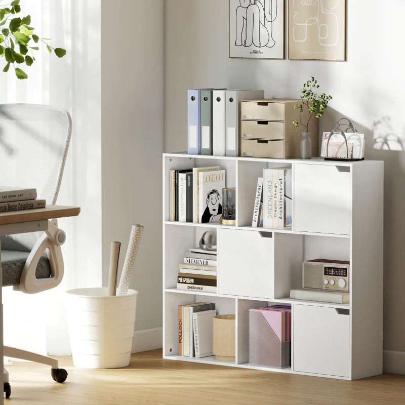 Bookshelf 9 Cube Compartments 3 Doors 6 Open Shelves - White - Image 2
