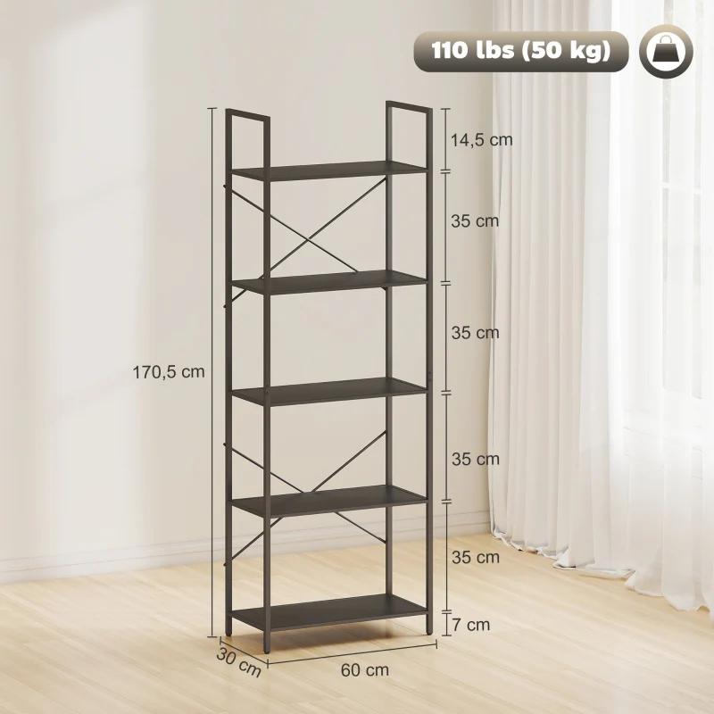 Bookshelf Freestanding 5-Tier Industrial Open Storage Metal Frame Black - Image 2