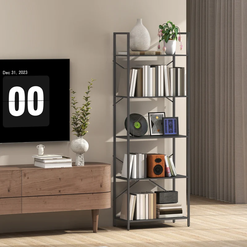 Bookshelf Freestanding 5-Tier Industrial Open Storage Metal Frame Black - Image 6