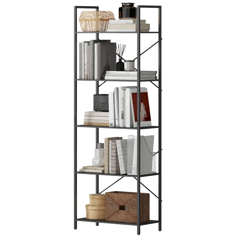 Bookshelf Freestanding 5-Tier Industrial Open Storage Metal Frame Black - Image 7
