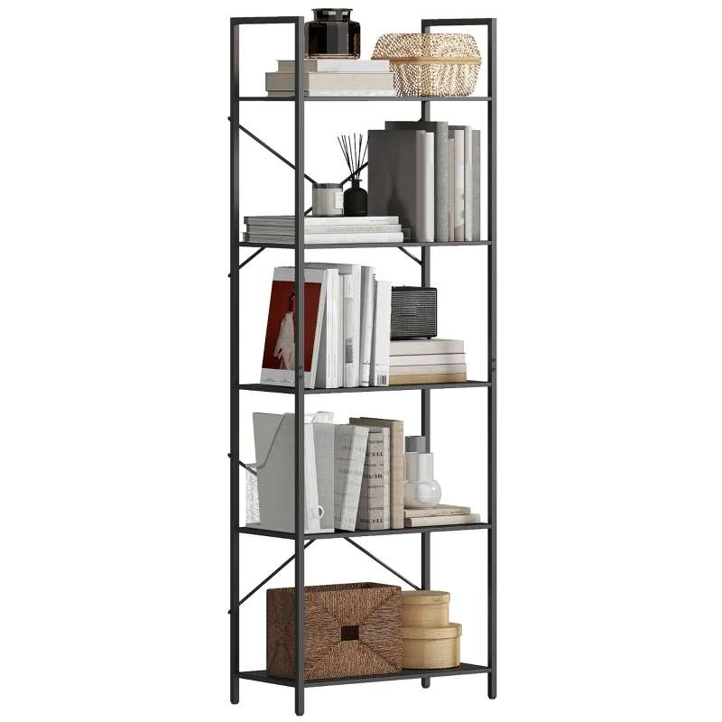 Bookshelf Freestanding 5-Tier Industrial Open Storage Metal Frame Black - Image 8
