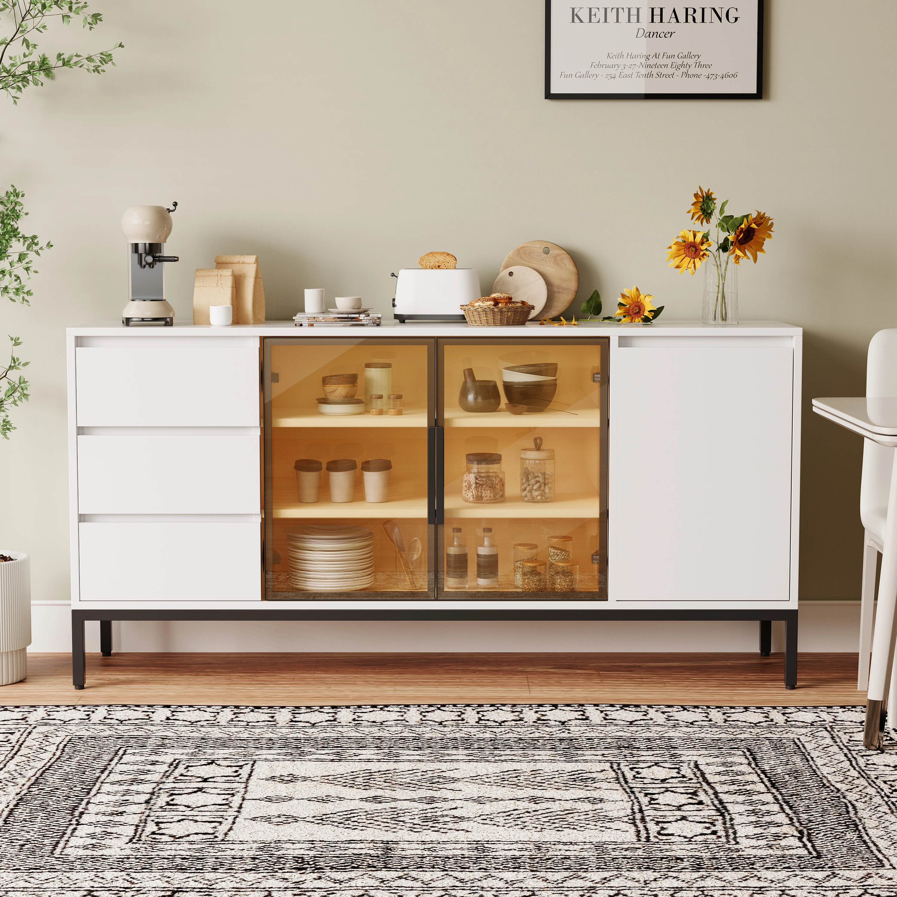 Buffet Cabinet with Doors, 3 Drawers & Display Storage - White