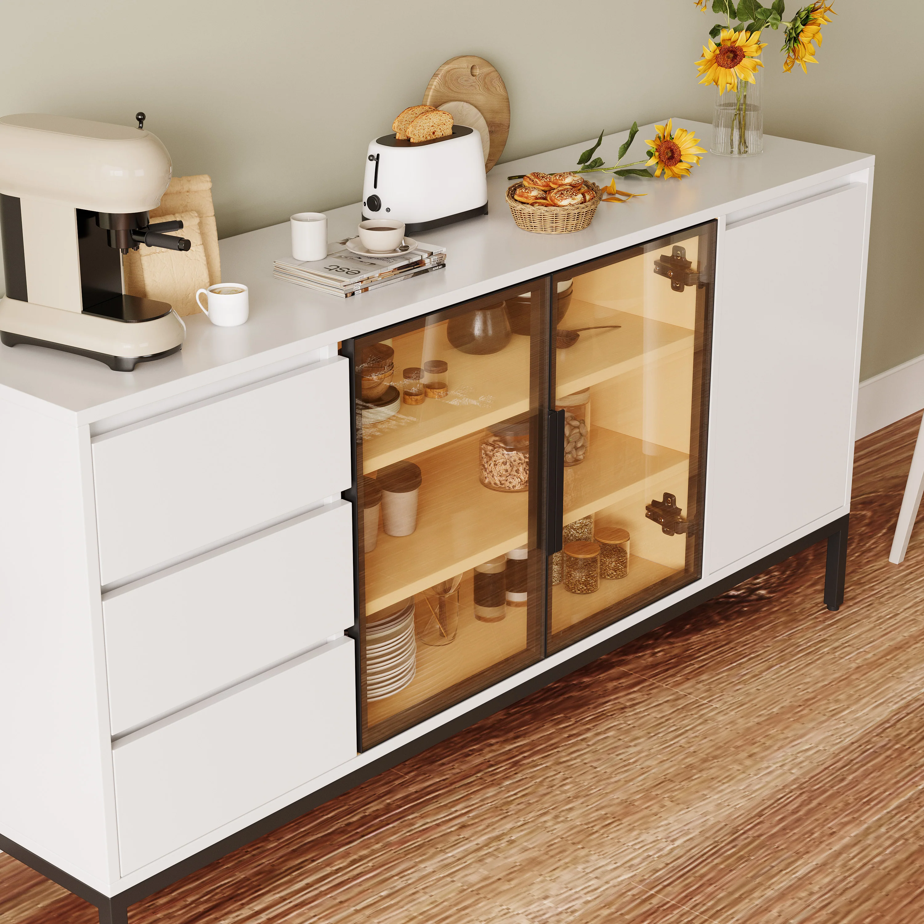 Buffet Cabinet with Doors, 3 Drawers & Display Storage - White - Image 2