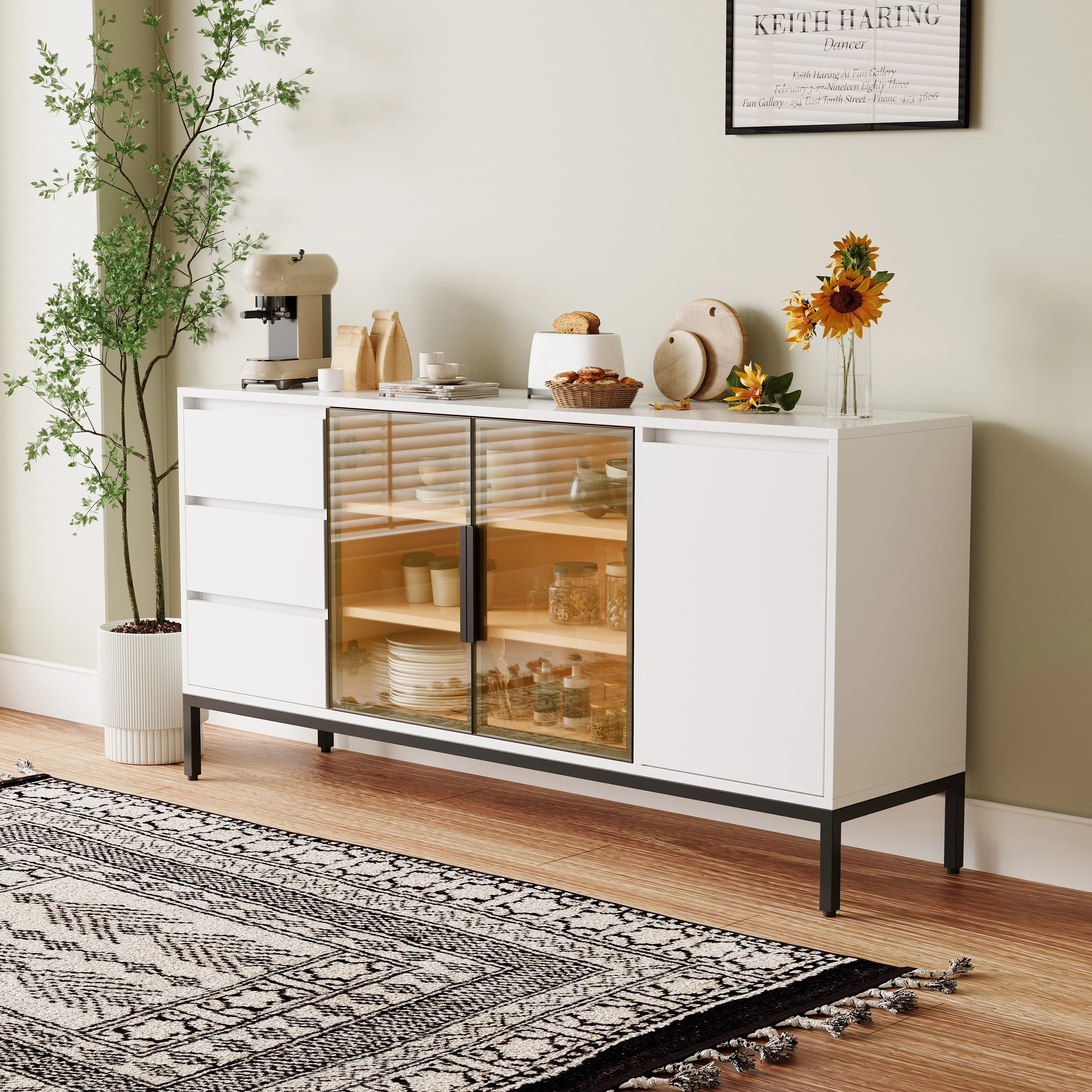 Buffet Cabinet with Doors, 3 Drawers & Display Storage - White - Image 3
