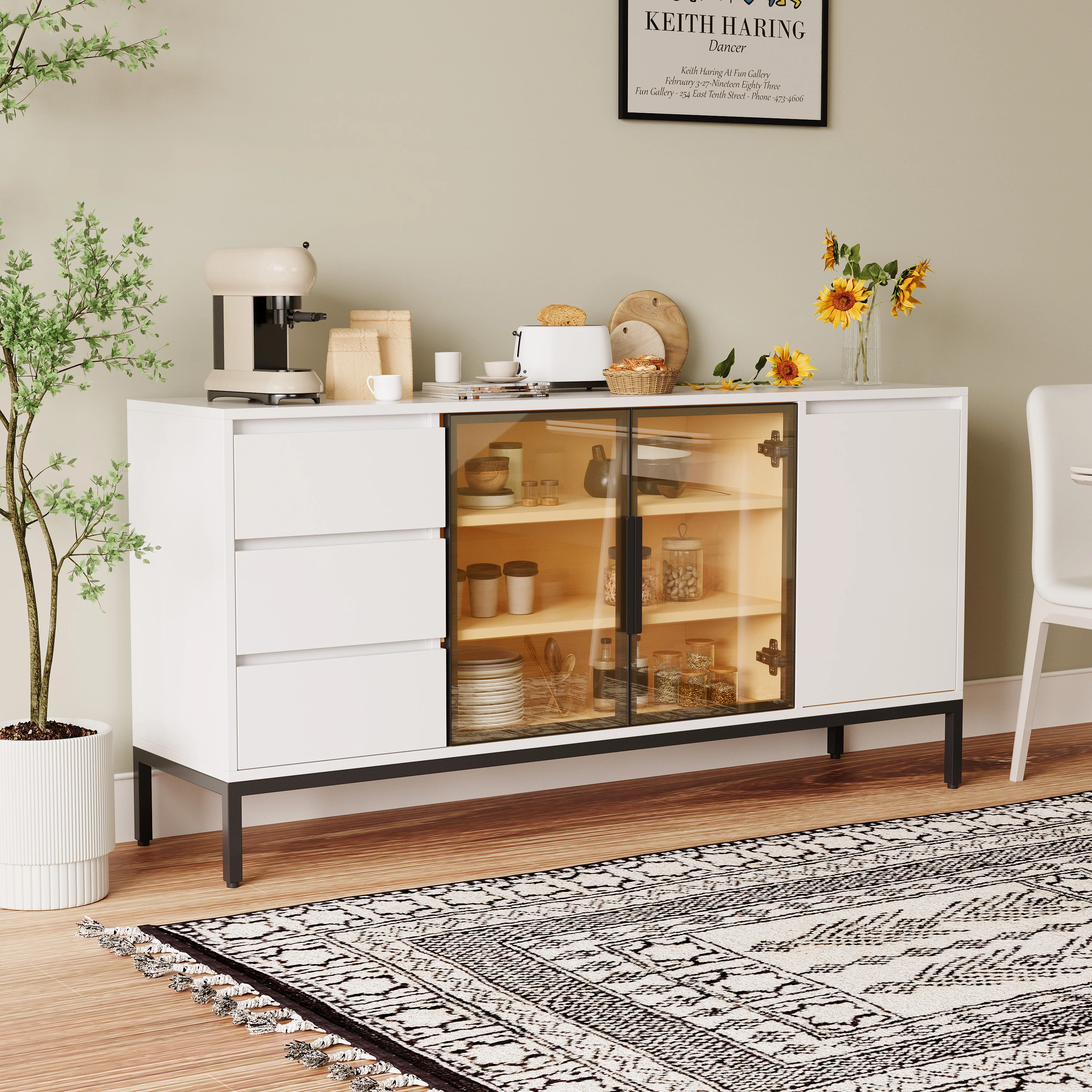 Buffet Cabinet with Doors, 3 Drawers & Display Storage - White - Image 4