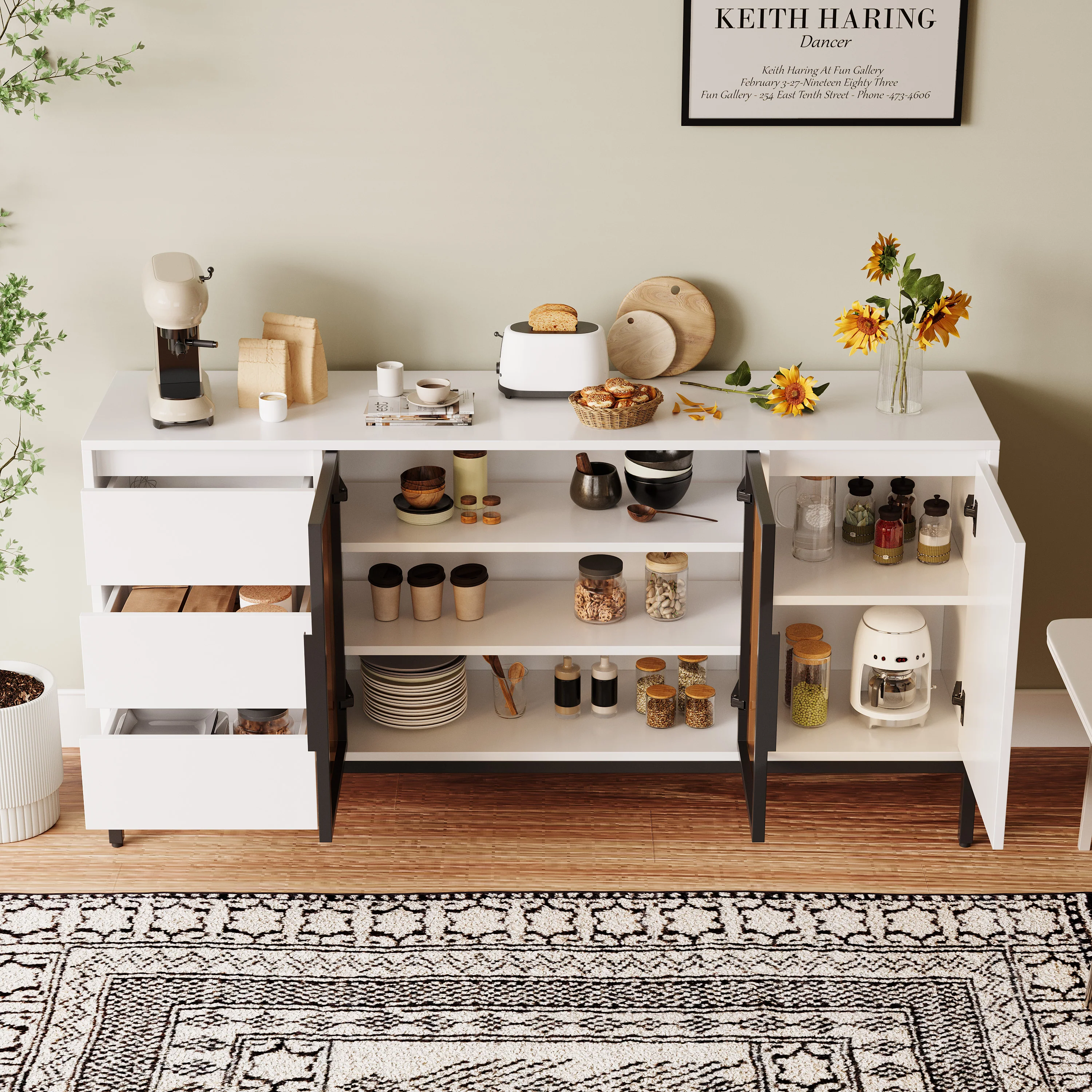 Buffet Cabinet with Doors, 3 Drawers & Display Storage - White - Image 5