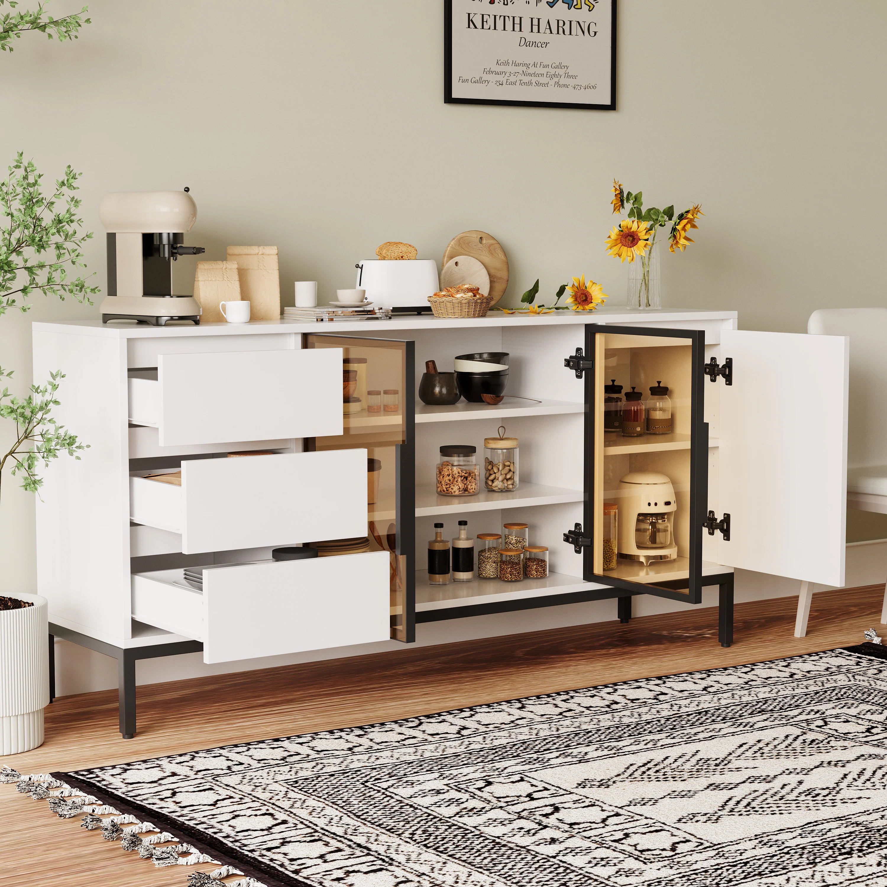 Buffet Cabinet with Doors, 3 Drawers & Display Storage - White - Image 6