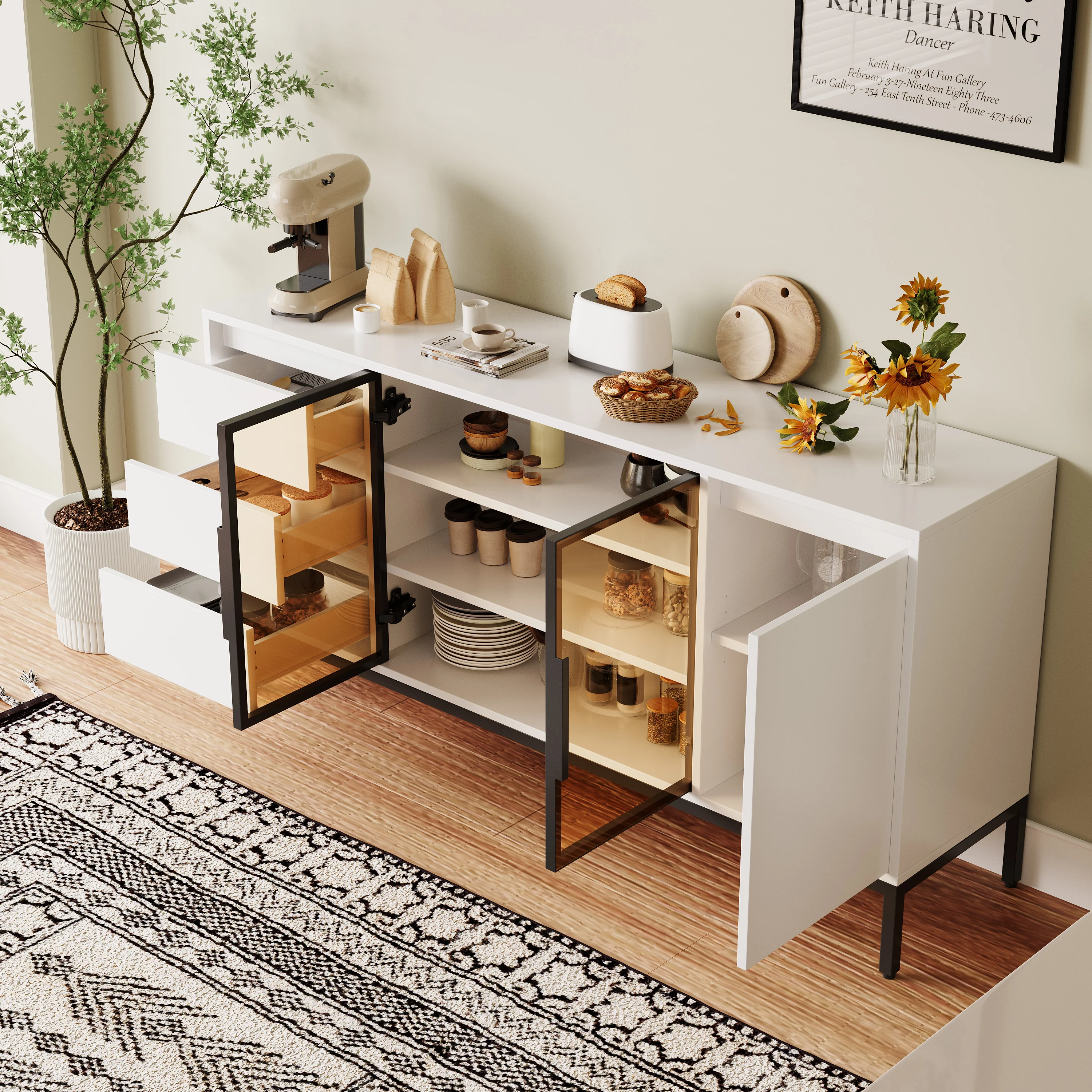 Buffet Cabinet with Doors, 3 Drawers & Display Storage - White - Image 7