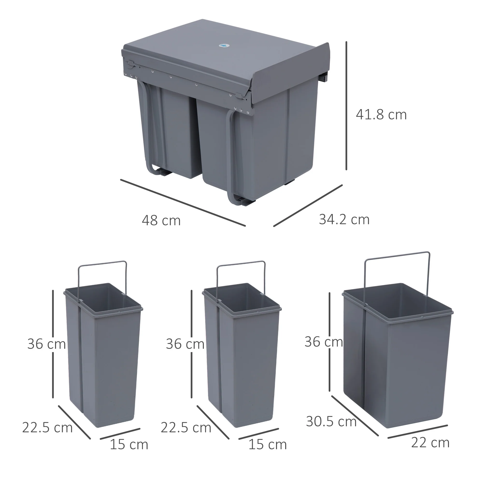Built-in Waste Bin 40L Pull-Out 3 Compartments for 400mm Cabinets, Grey - Image 3