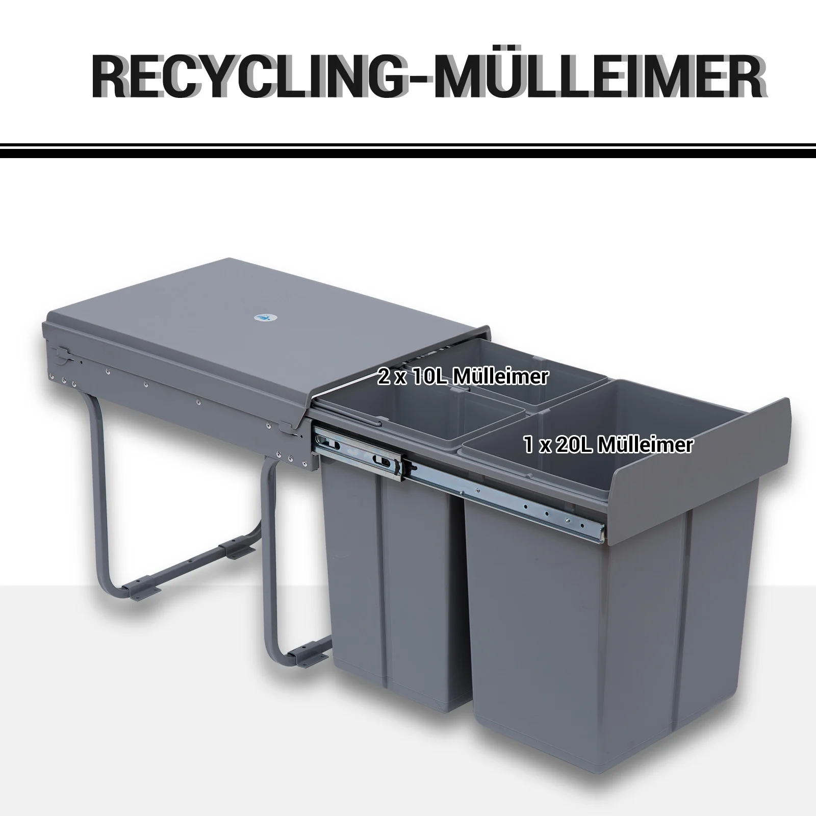 Built-in Waste Bin 40L Pull-Out 3 Compartments for 400mm Cabinets, Grey - Image 4