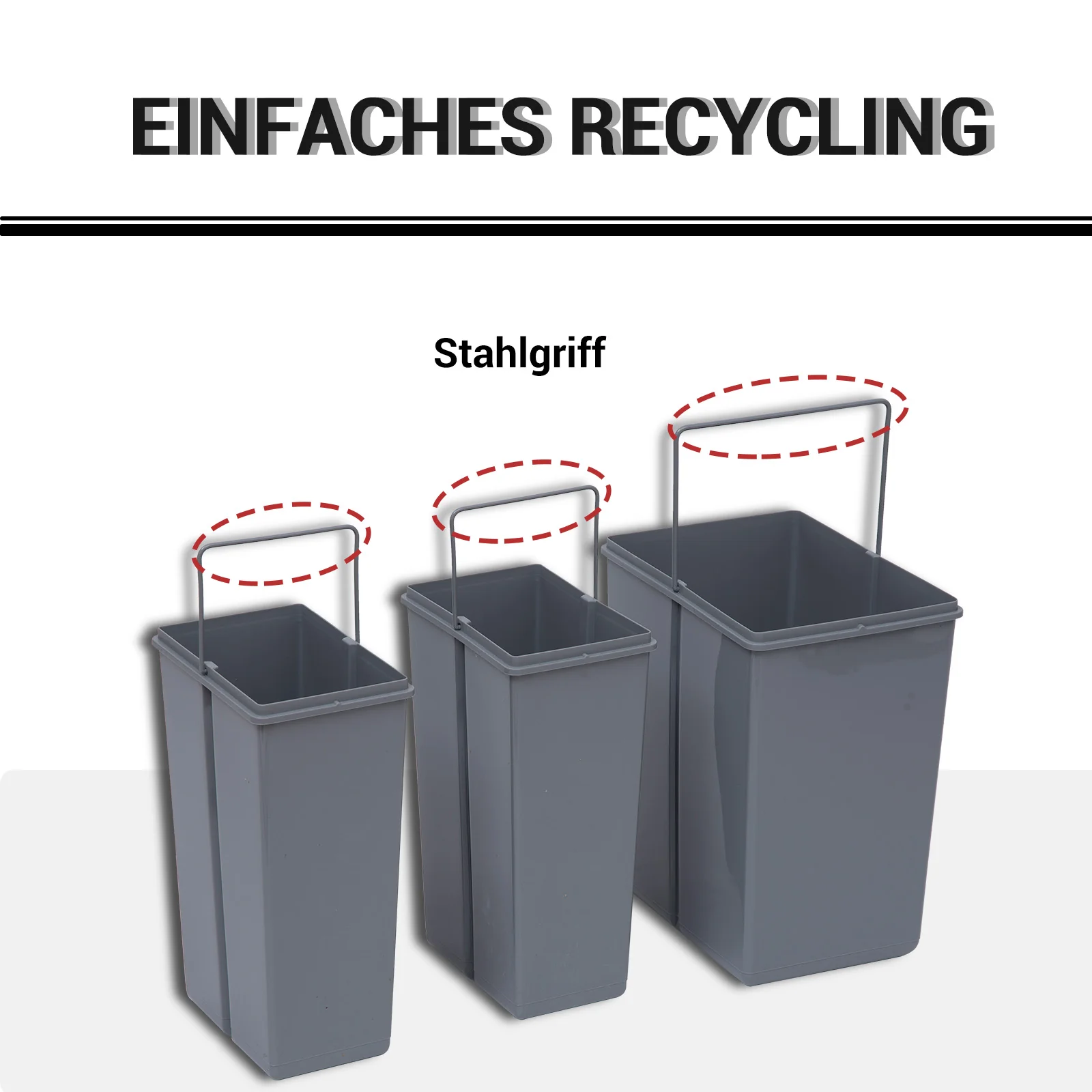 Built-in Waste Bin 40L Pull-Out 3 Compartments for 400mm Cabinets, Grey - Image 5
