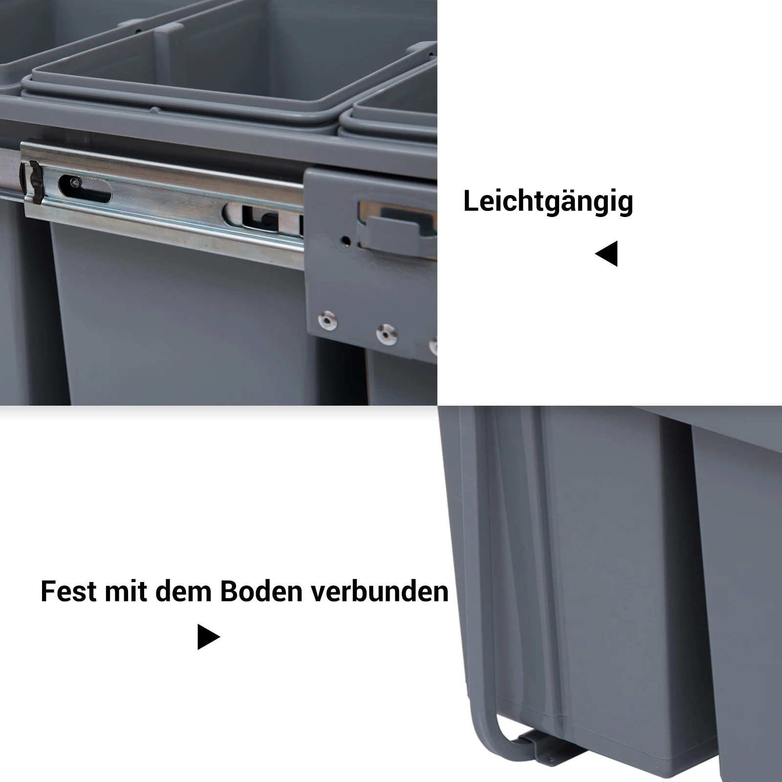 Built-in Waste Bin 40L Pull-Out 3 Compartments for 400mm Cabinets, Grey - Image 6