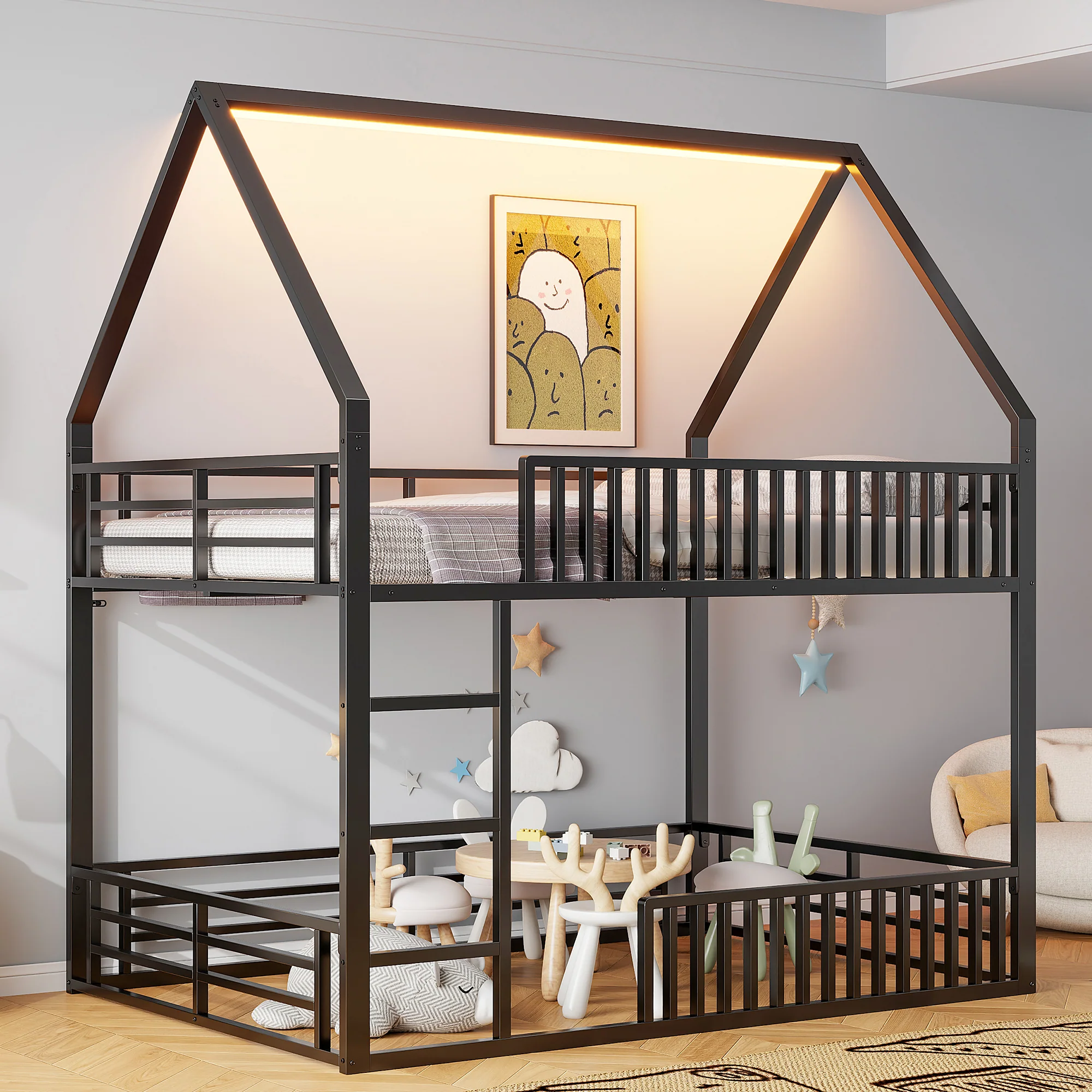 Bunk Bed 140x200 House Design Fence LED Light - Black - Image 2