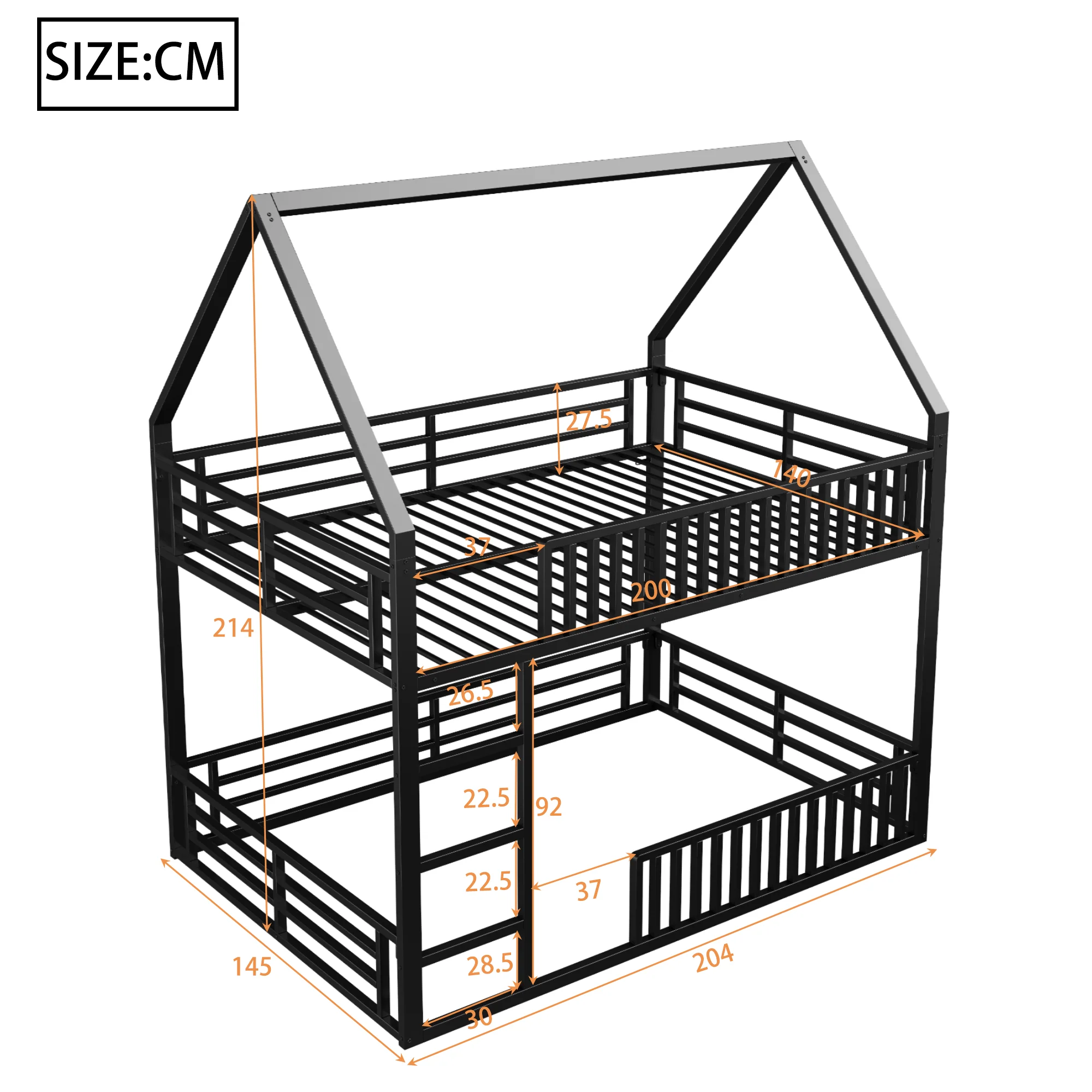 Bunk Bed 140x200 House Design Fence LED Light - Black - Image 5