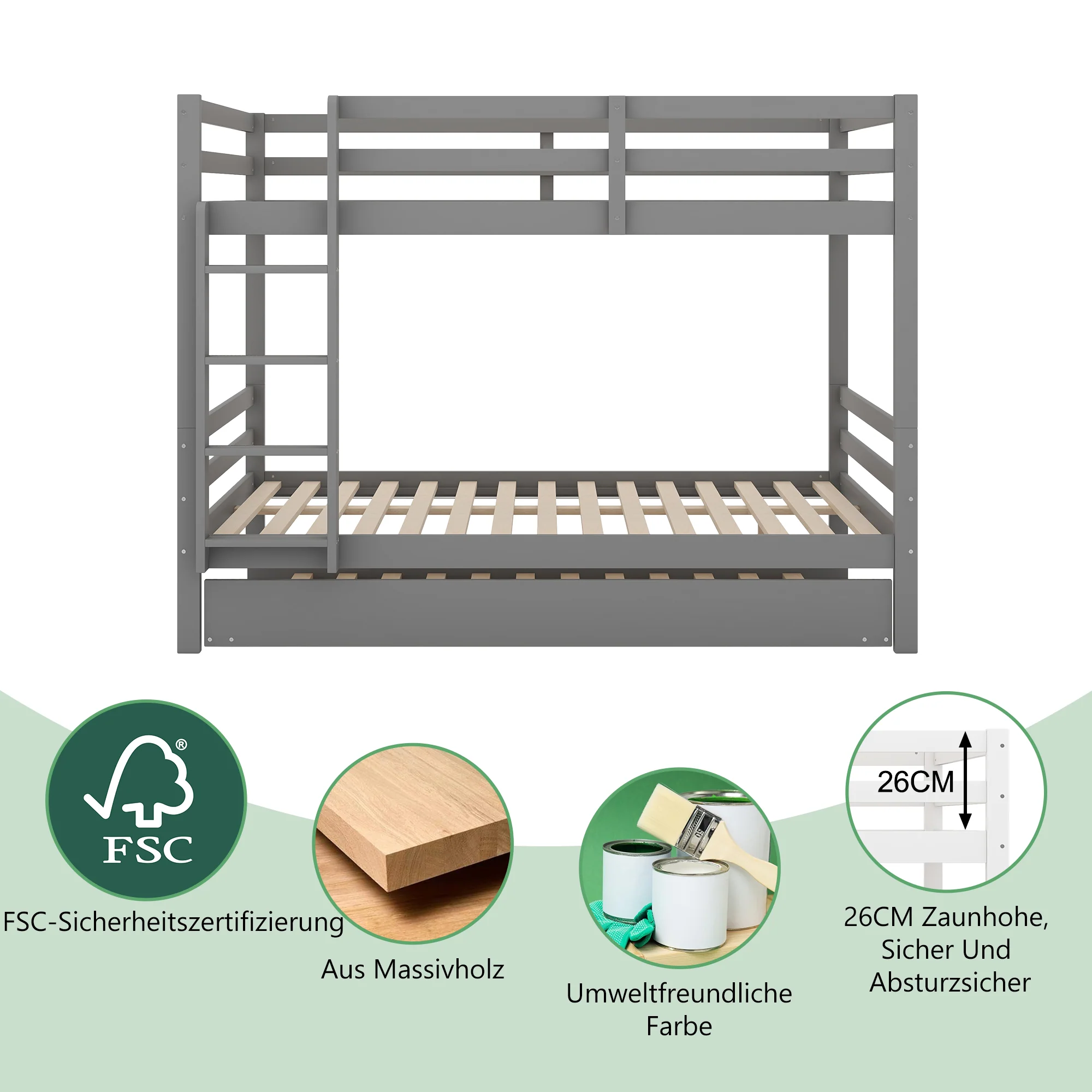 Bunk Bed 140x200cm Pull-Out Bed Stairs High Railings - Grey - Image 5