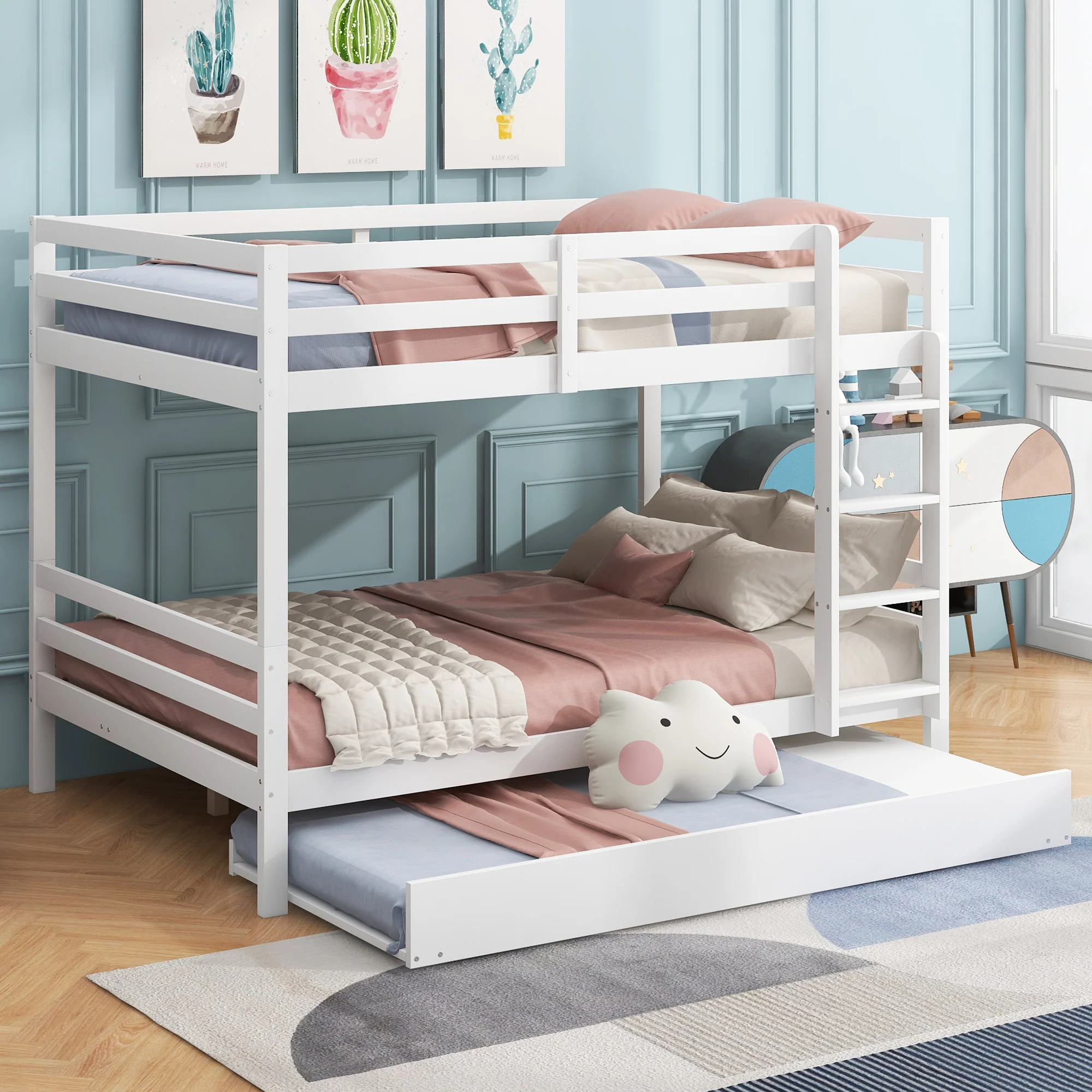 Bunk Bed 140x200cm Pull-Out Bed Sturdy Stairs - White - Image 2