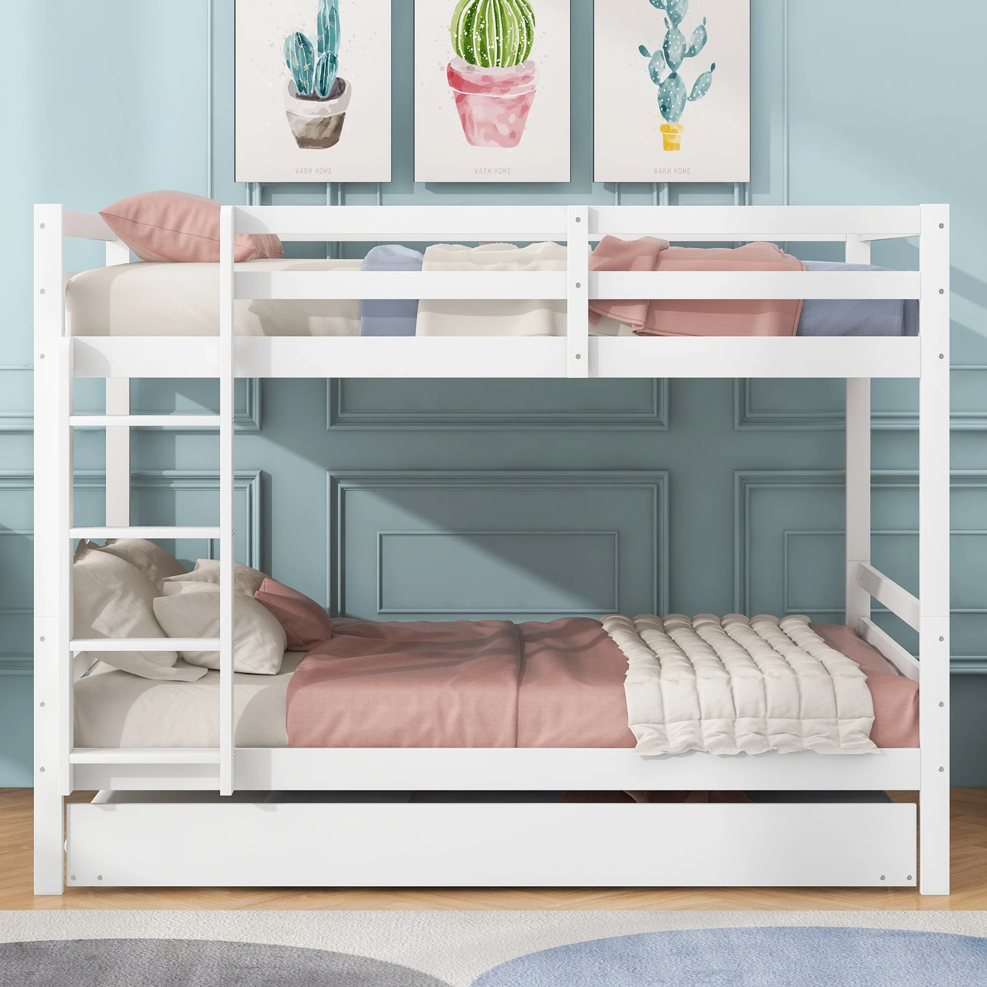 Bunk Bed 140x200cm Pull-Out Bed Sturdy Stairs - White - Image 3