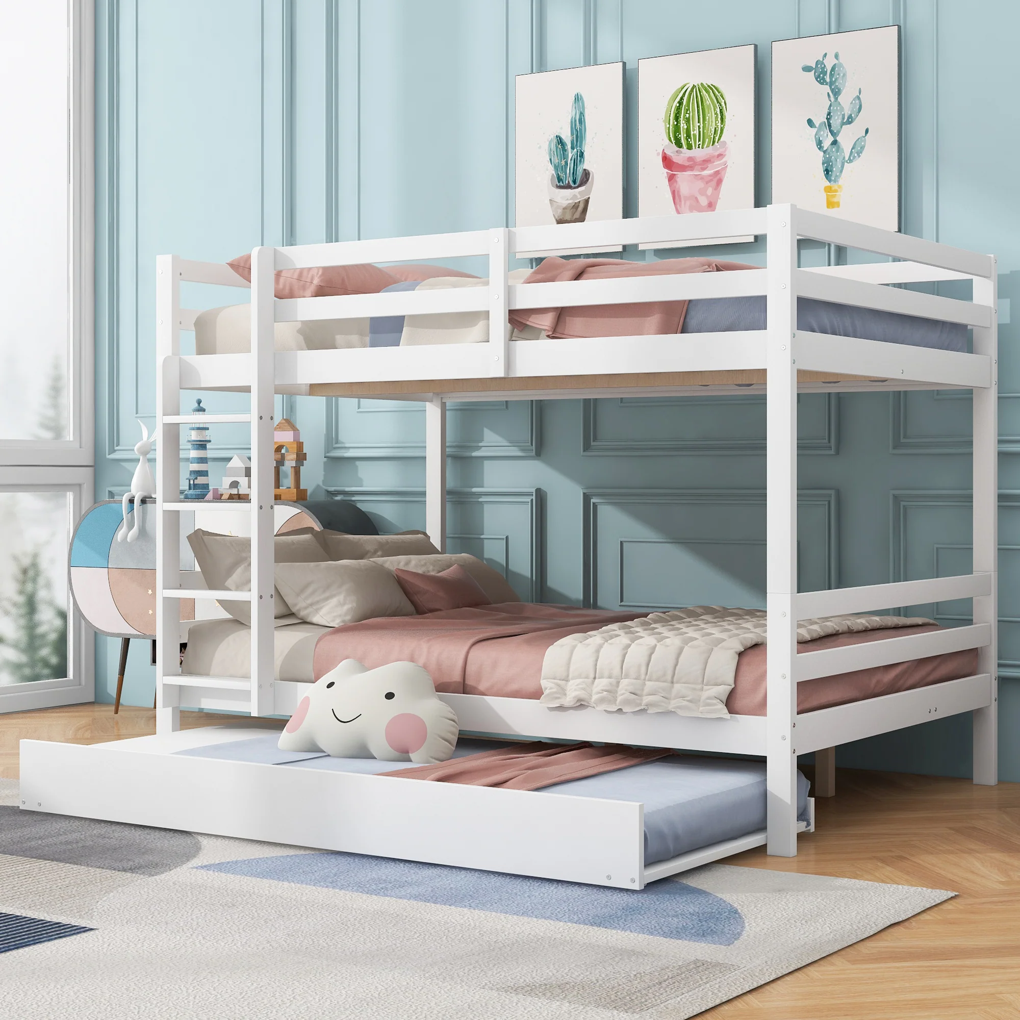 Bunk Bed 140x200cm Pull-Out Bed Sturdy Stairs - White - Image 4