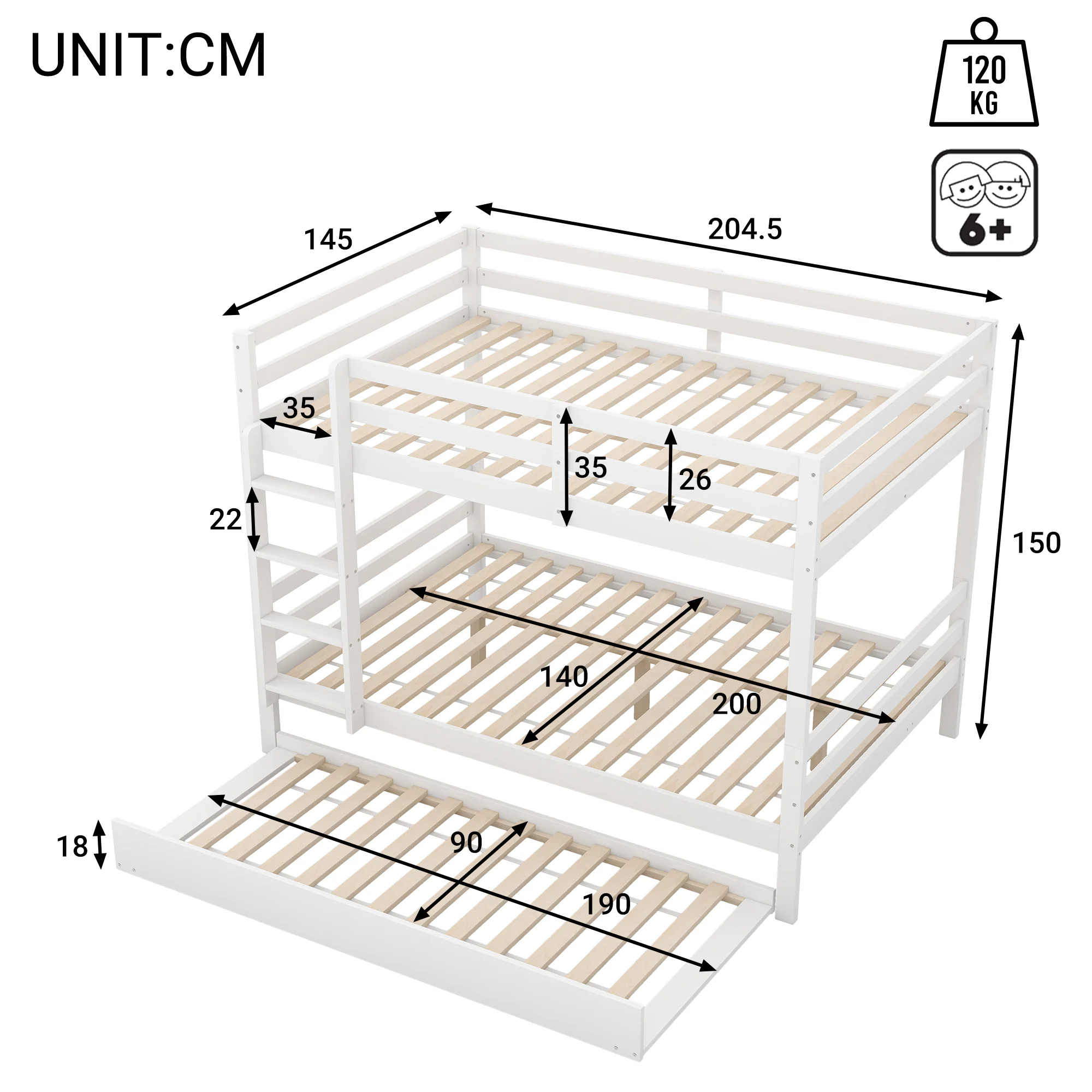 Bunk Bed 140x200cm Pull-Out Bed Sturdy Stairs - White - Image 6