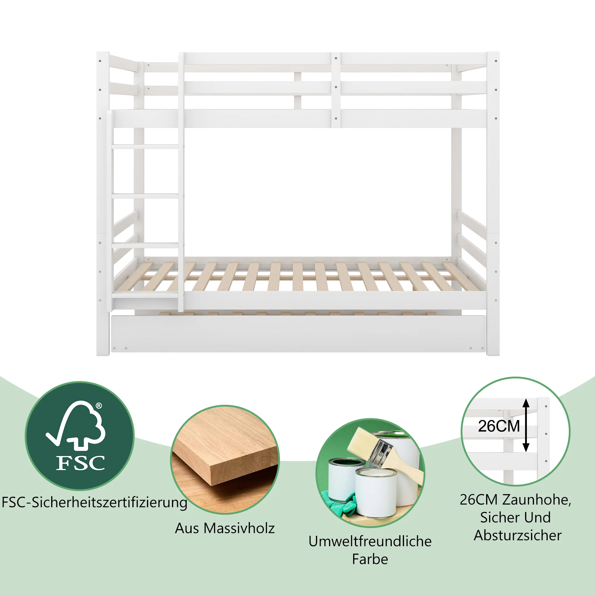 Bunk Bed 140x200cm Pull-Out Bed Sturdy Stairs - White - Image 7