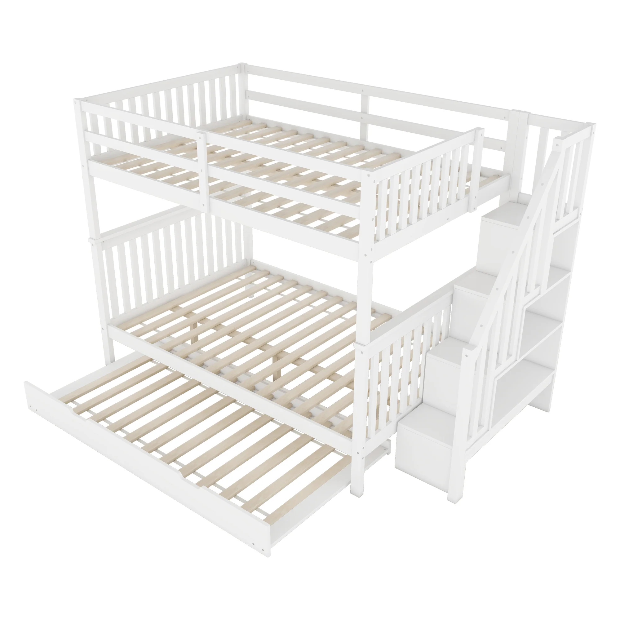Bunk Bed 140x200cm Stair Shelf Pull-out Trundle - White - Image 10