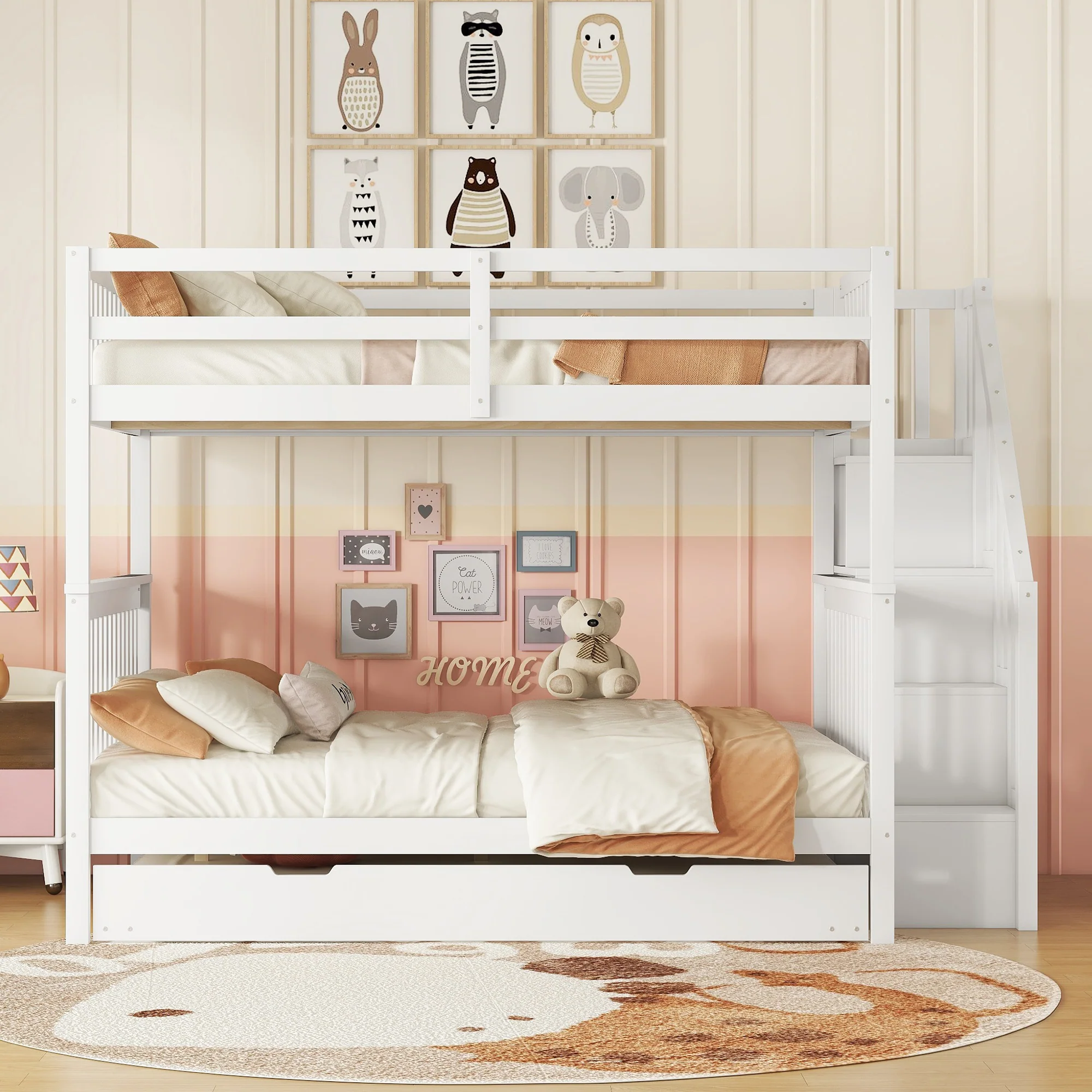 Bunk Bed 140x200cm Stair Shelf Pull-out Trundle - White - Image 2