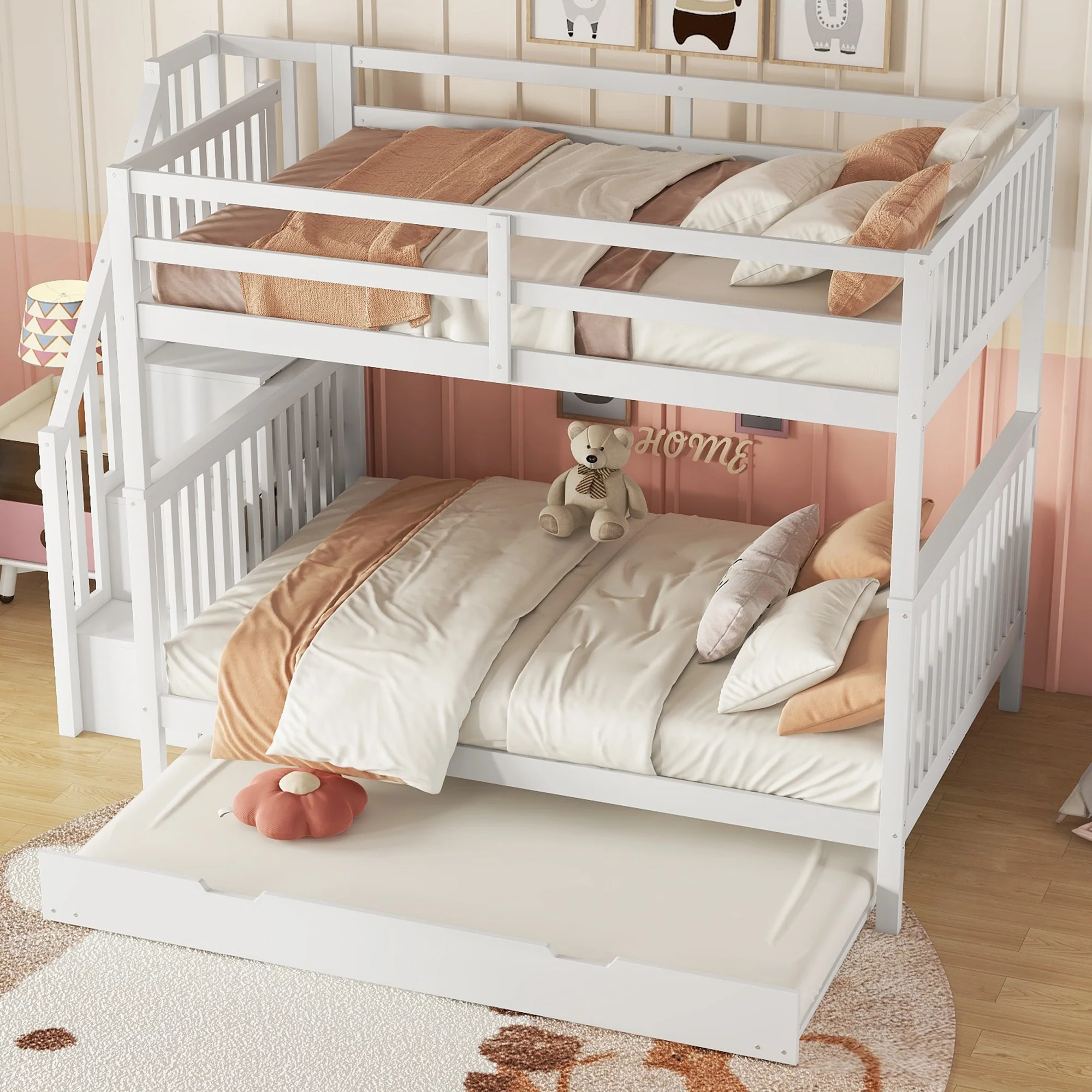 Bunk Bed 140x200cm Stair Shelf Pull-out Trundle - White - Image 3