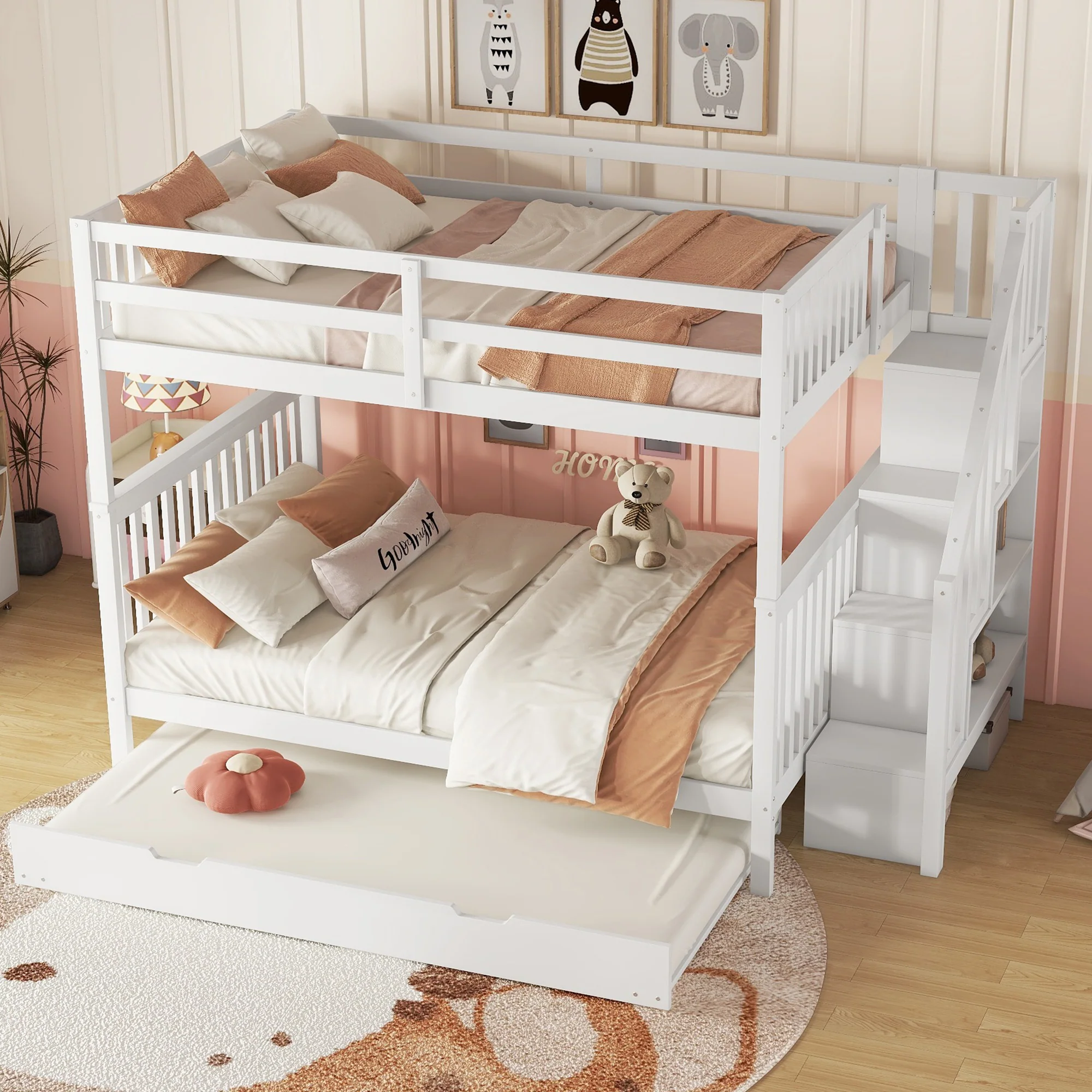 Bunk Bed 140x200cm Stair Shelf Pull-out Trundle - White - Image 4