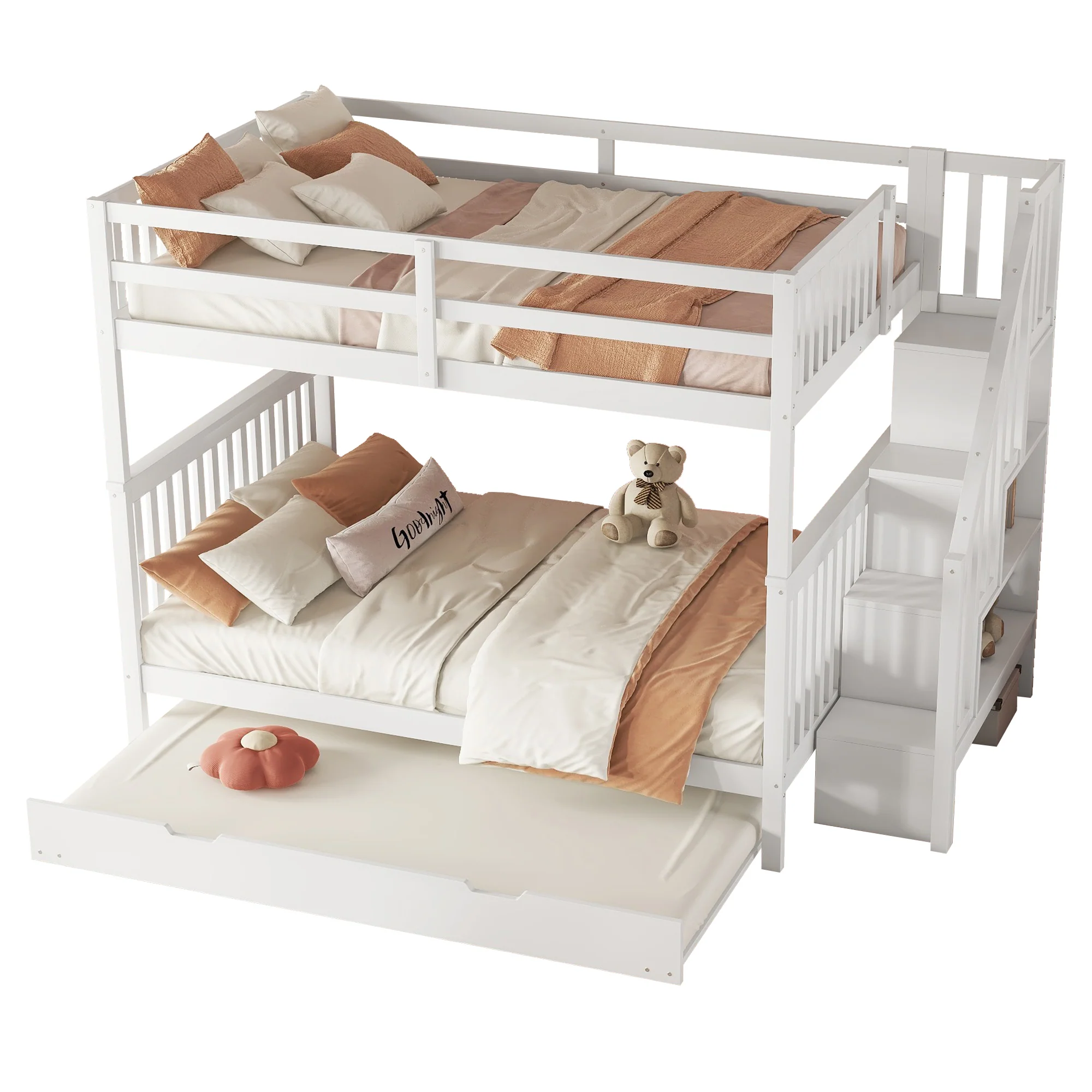 Bunk Bed 140x200cm Stair Shelf Pull-out Trundle - White - Image 5