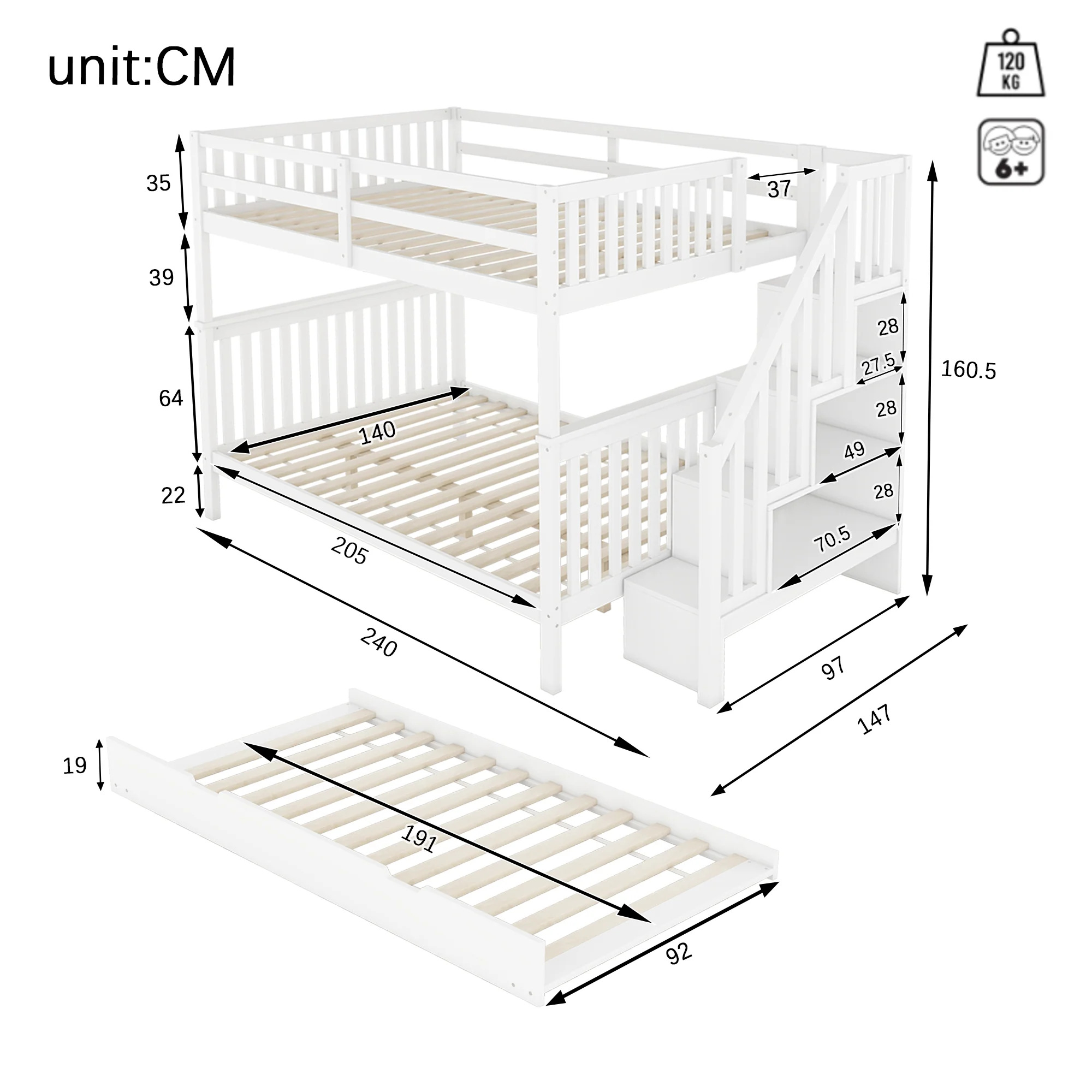 Bunk Bed 140x200cm Stair Shelf Pull-out Trundle - White - Image 6