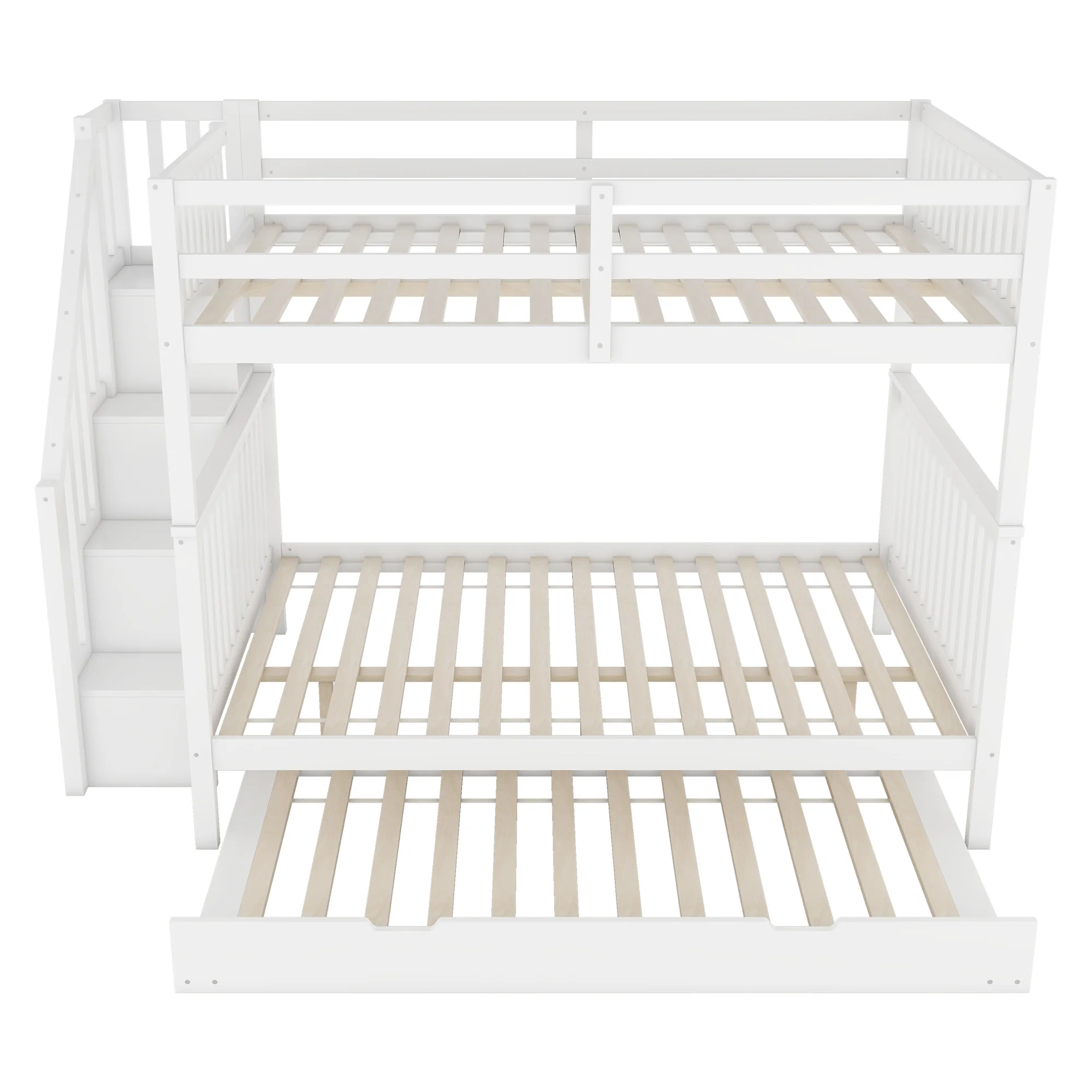 Bunk Bed 140x200cm Stair Shelf Pull-out Trundle - White - Image 8