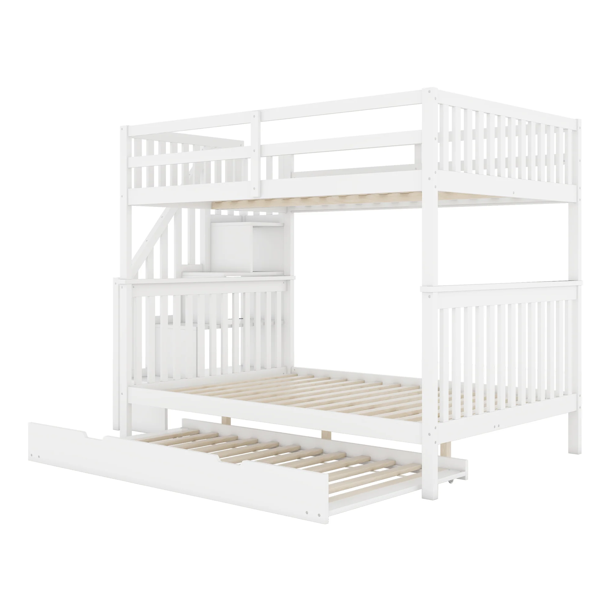 Bunk Bed 140x200cm Stair Shelf Pull-out Trundle - White - Image 9