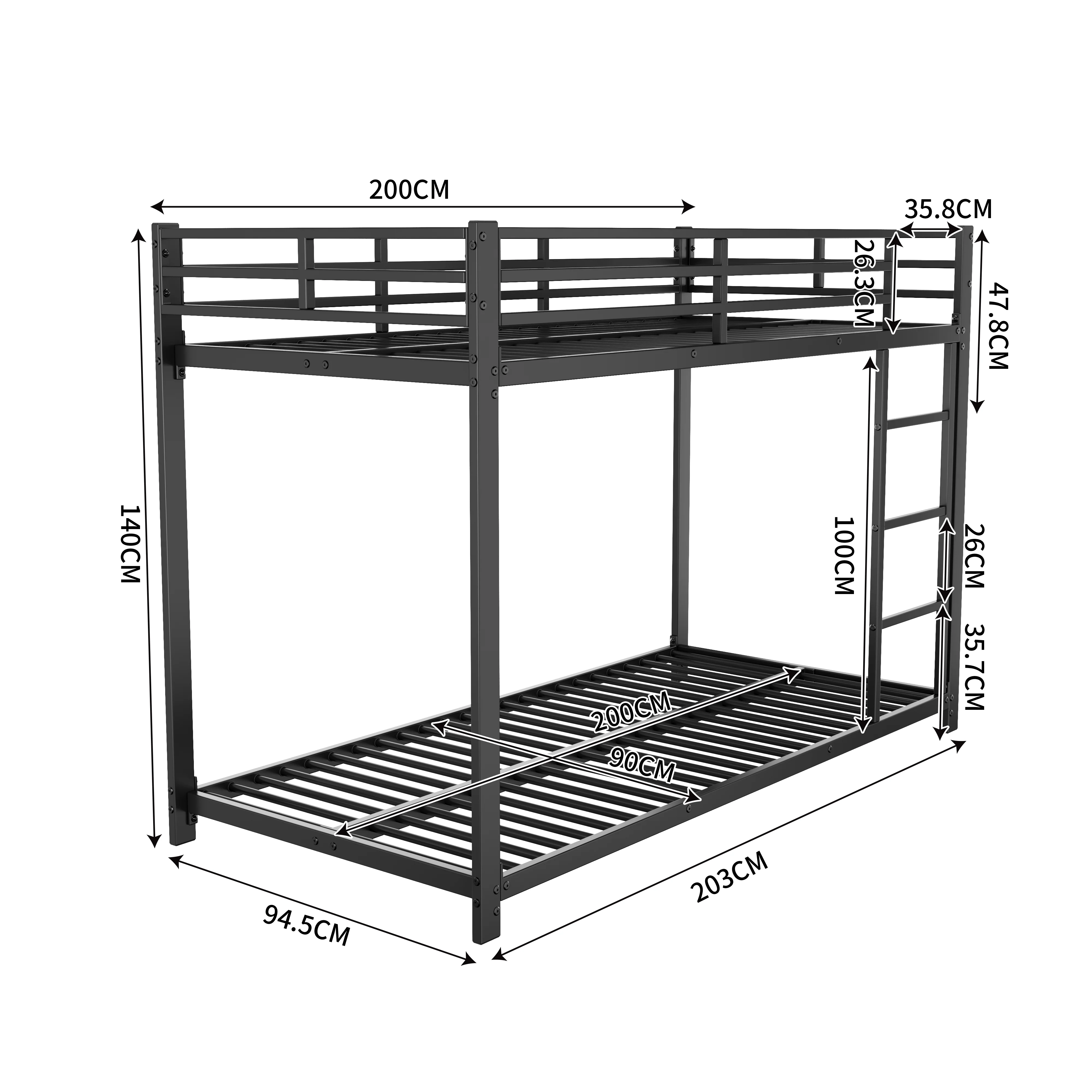 Bunk Bed 90x200 Classic Iron Frame - Black - Image 5