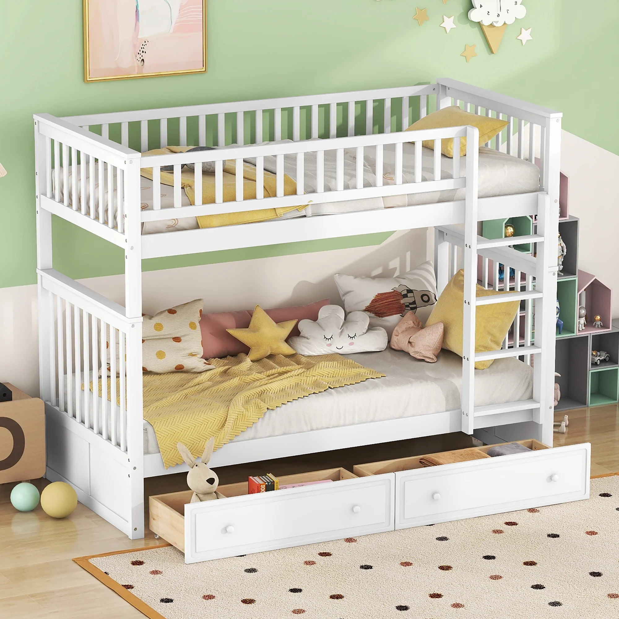 Bunk Bed 90x200cm Convertible with Drawers - White