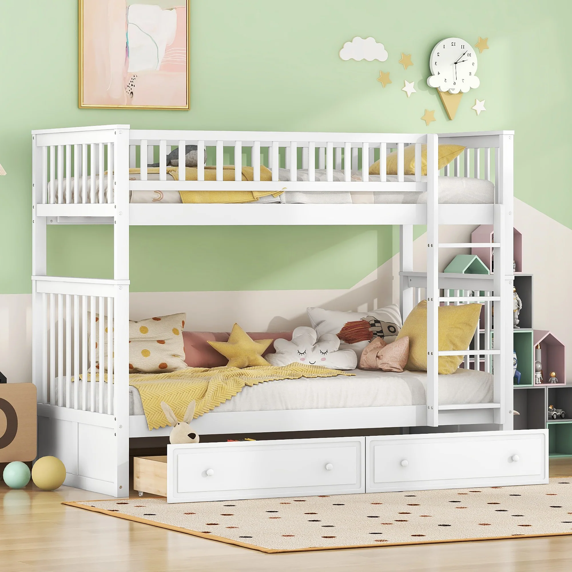 Bunk Bed 90x200cm Convertible with Drawers - White - Image 2
