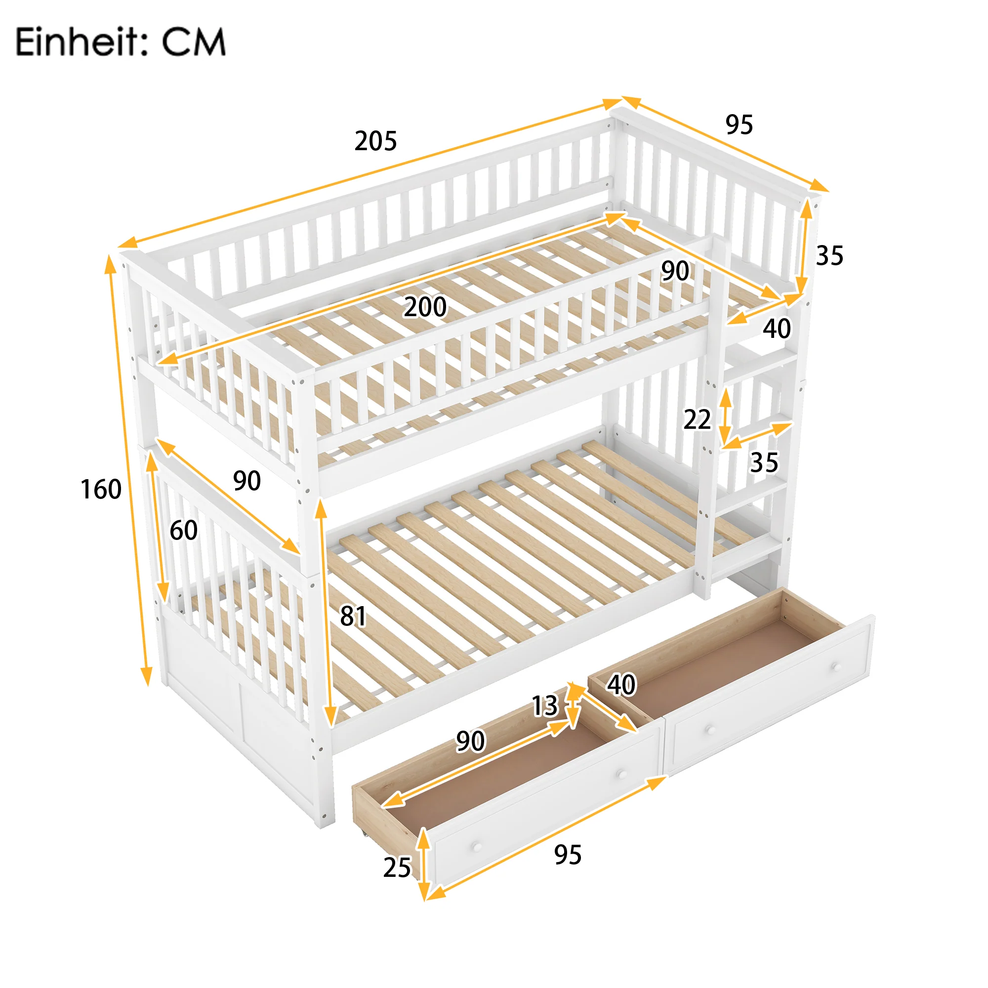 Bunk Bed 90x200cm Convertible with Drawers - White - Image 6