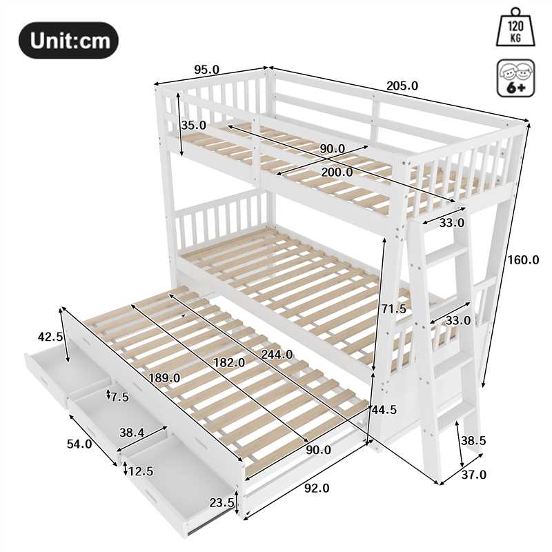 Bunk Bed 90x200cm House Bed Pull-out Bed 3 Drawers - White - Image 8
