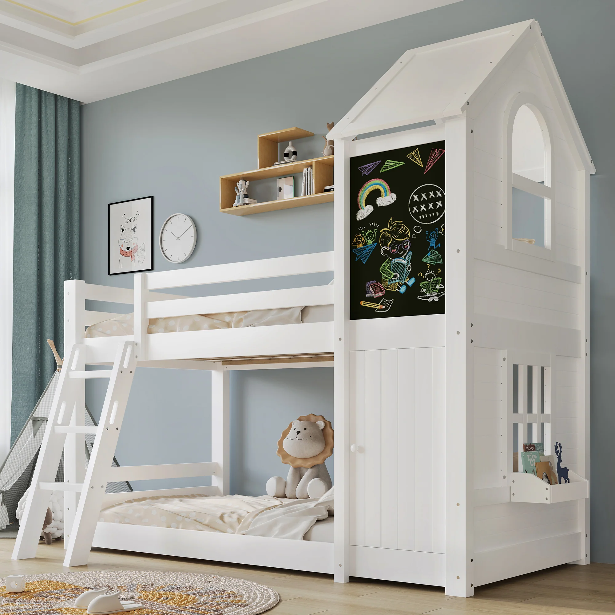 Bunk Bed 90x200cm House Design Chalkboard Door Slanted Ladder - White - Image 2