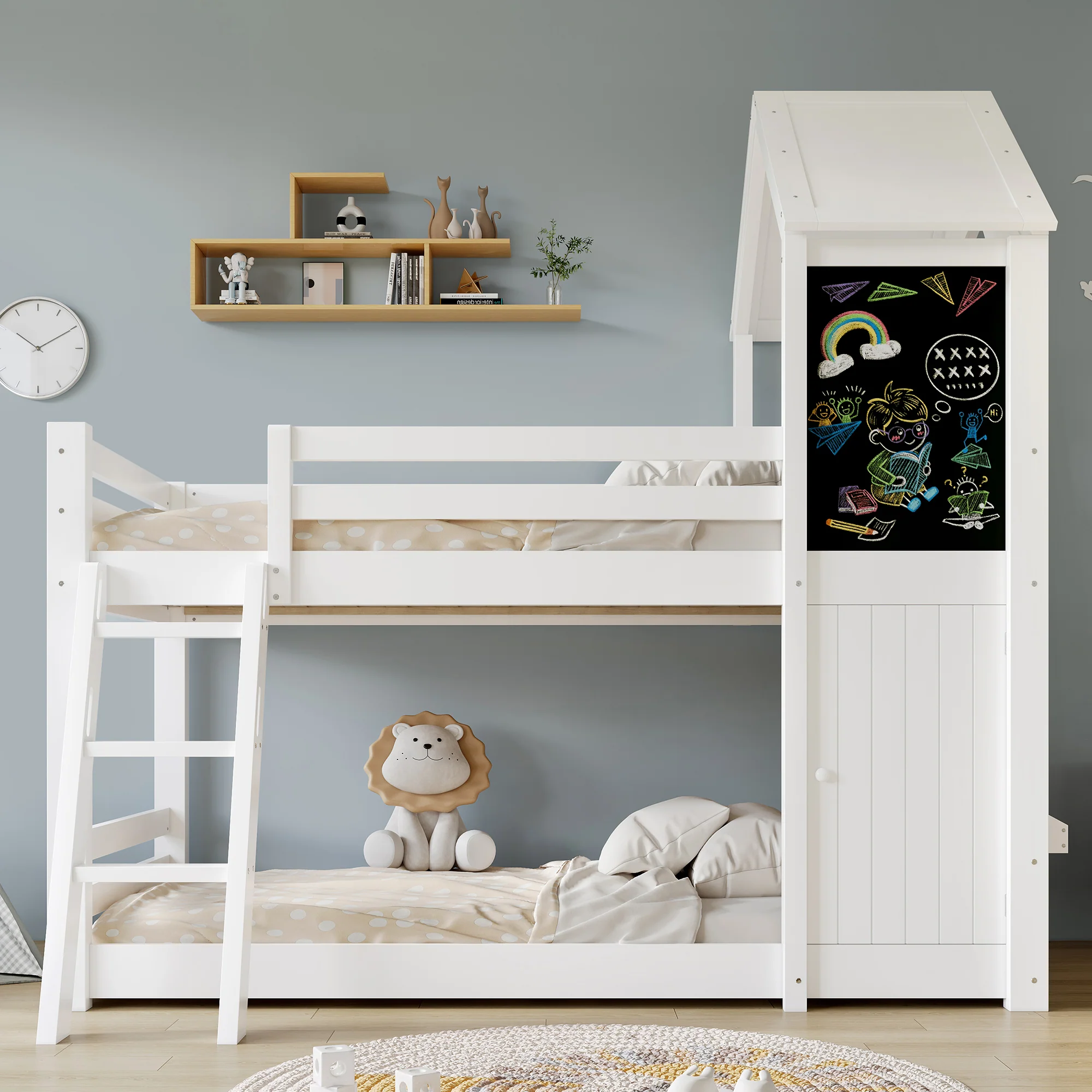Bunk Bed 90x200cm House Design Chalkboard Door Slanted Ladder - White - Image 3