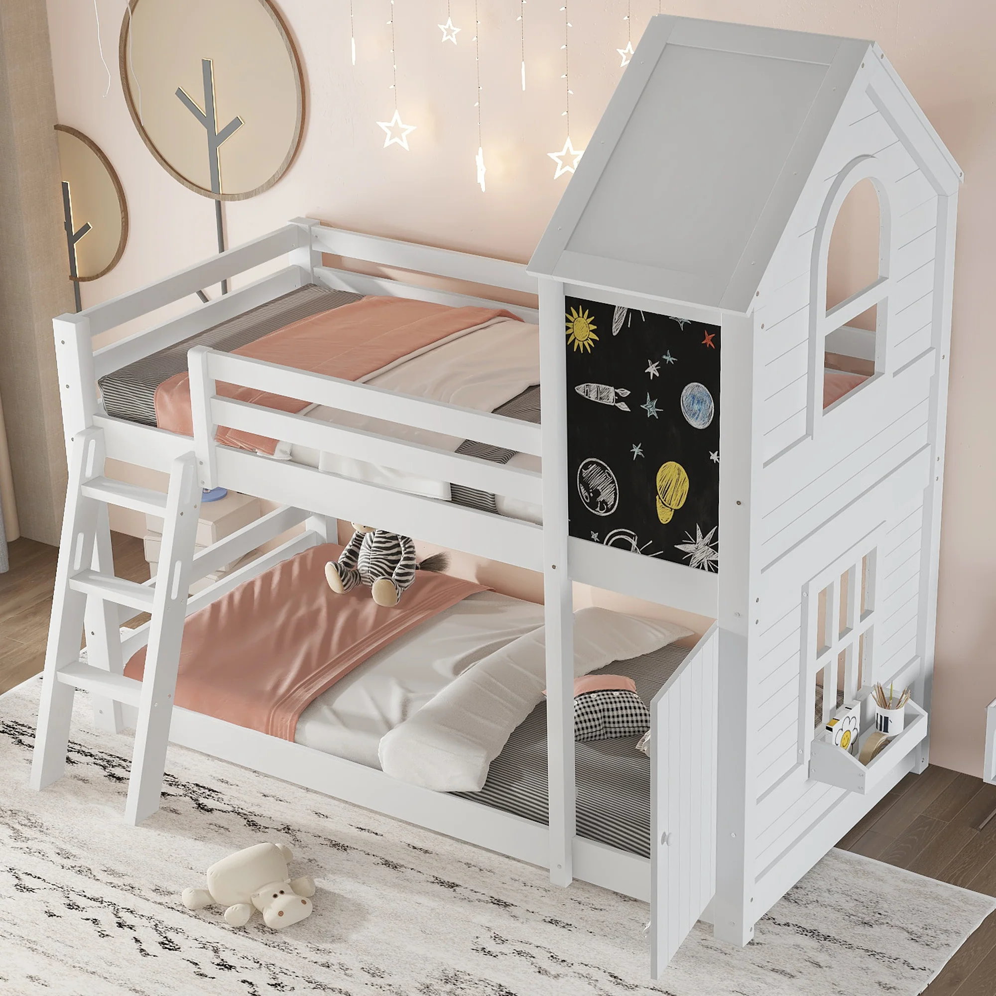 Bunk Bed 90x200cm House Design Chalkboard Door Slanted Ladder - White - Image 4