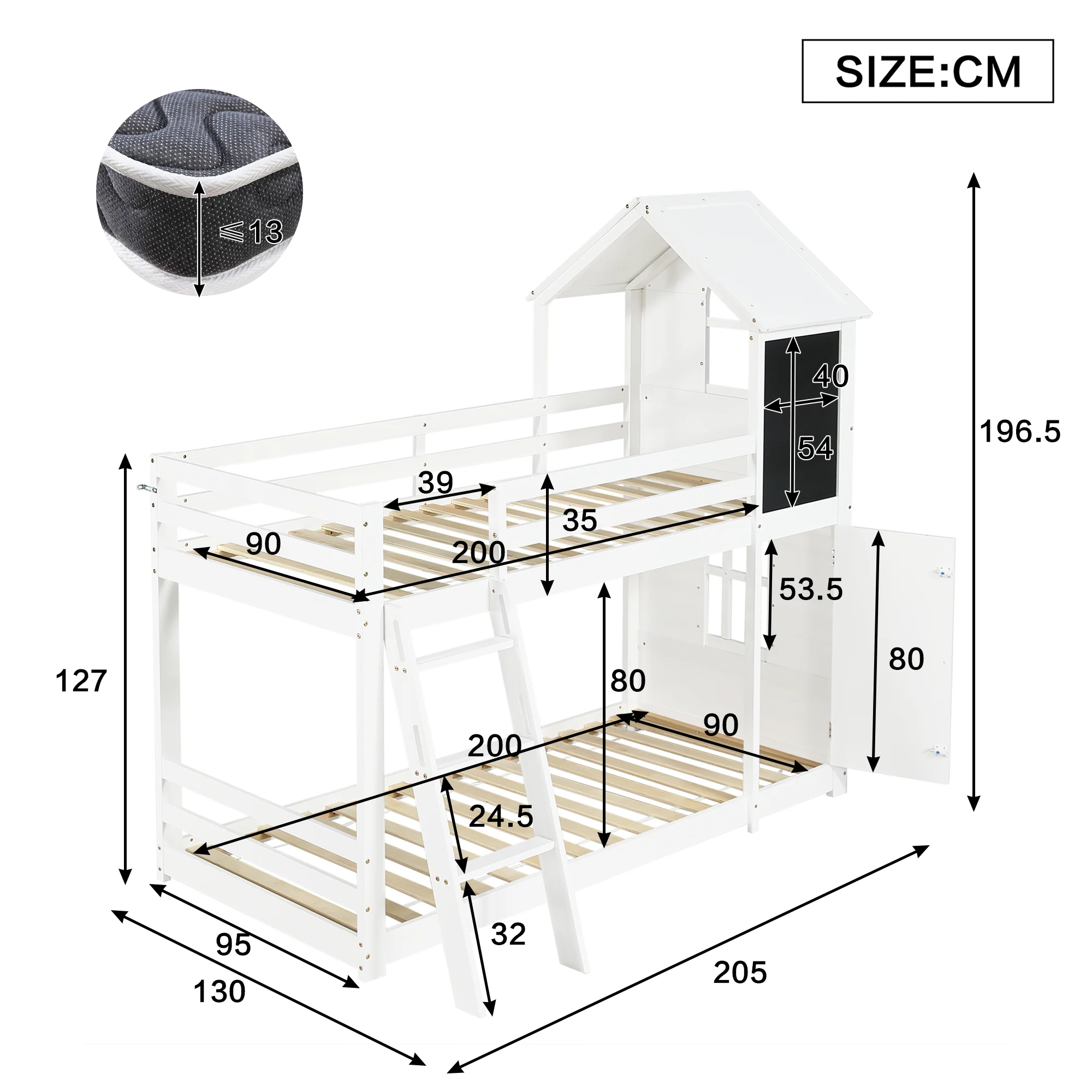 Bunk Bed 90x200cm House Design Chalkboard Door Slanted Ladder - White - Image 7
