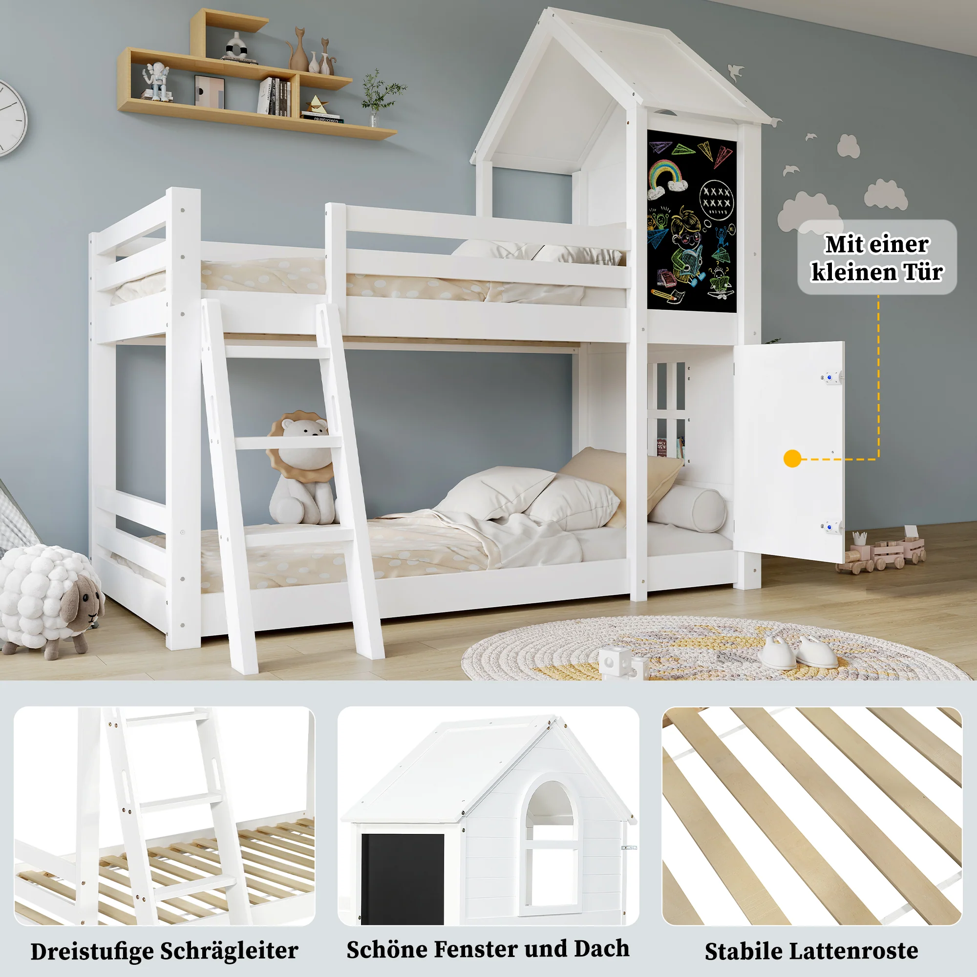 Bunk Bed 90x200cm House Design Chalkboard Door Slanted Ladder - White - Image 8